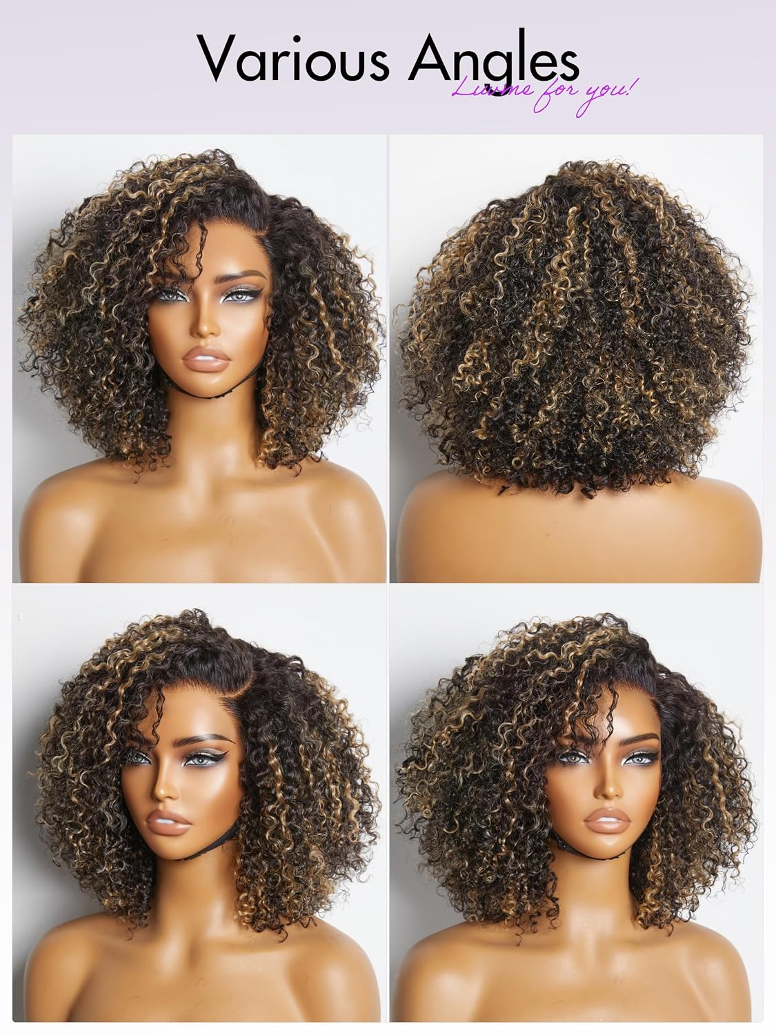 LUVME HAIR 10 Inch Blonde Highlight Short Curly Human Hair Wig Glueless Pre Plucked Left C Parted Ombre Bob Wig, Ready to Go Pre Cut HD Lace Closure Wig