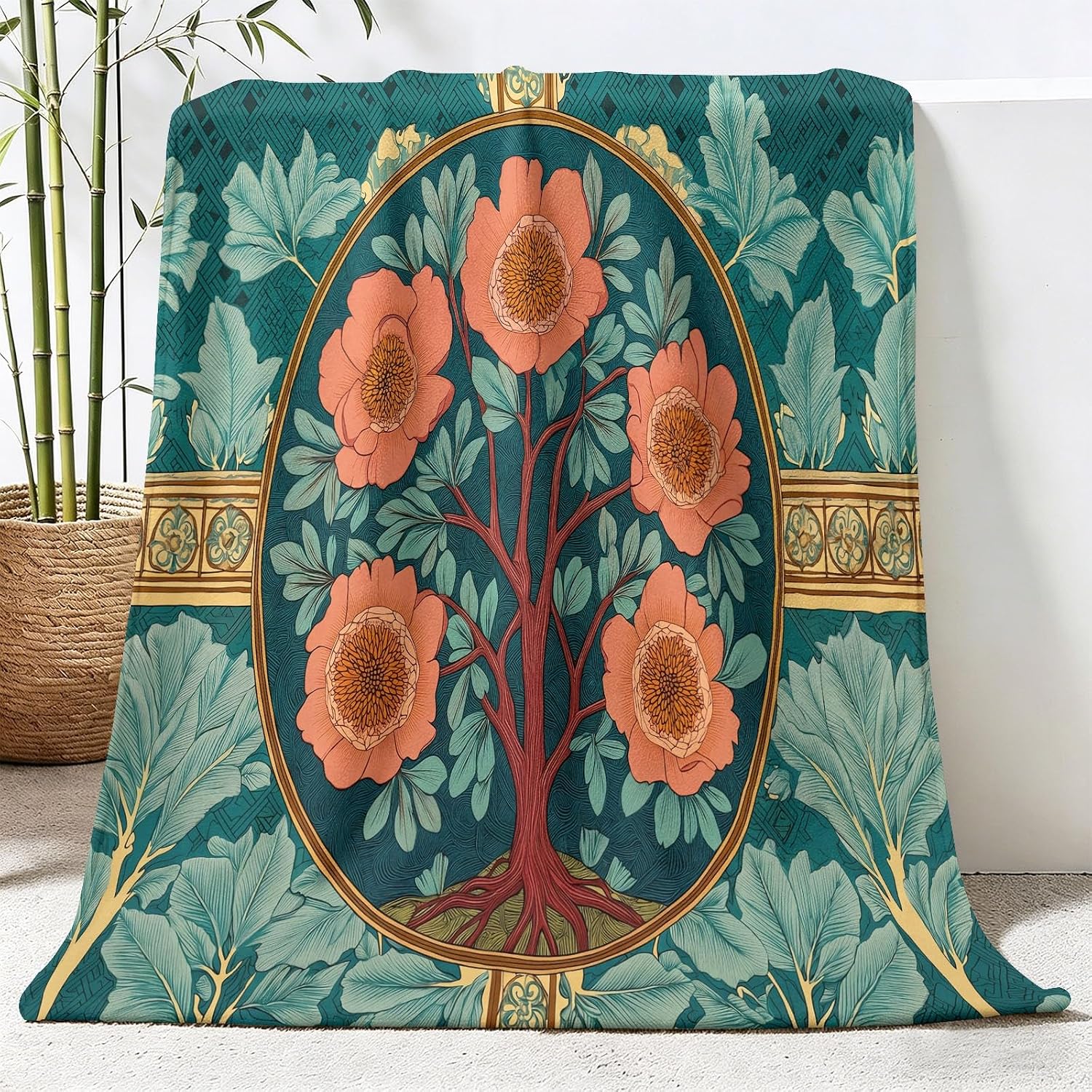 Botanical Leaves Floral Throw Blanket Blue Green Soft Warm Bed Bedding, Geometric Circles Tree Pattern Cozy Flannel Throws Blankets Cover for Couch Chair Bedroom Sofa Office Travel Decor, 30x40 inch