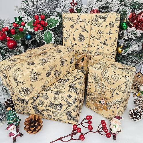 Miniatura 3 de LDGOOAEL Papel de regalo de Navidad, papel Kraft, diseños de bastones de caramelo, medias y estroboscópicos, 4 rollos de 30 pulgadas x 10 pies por