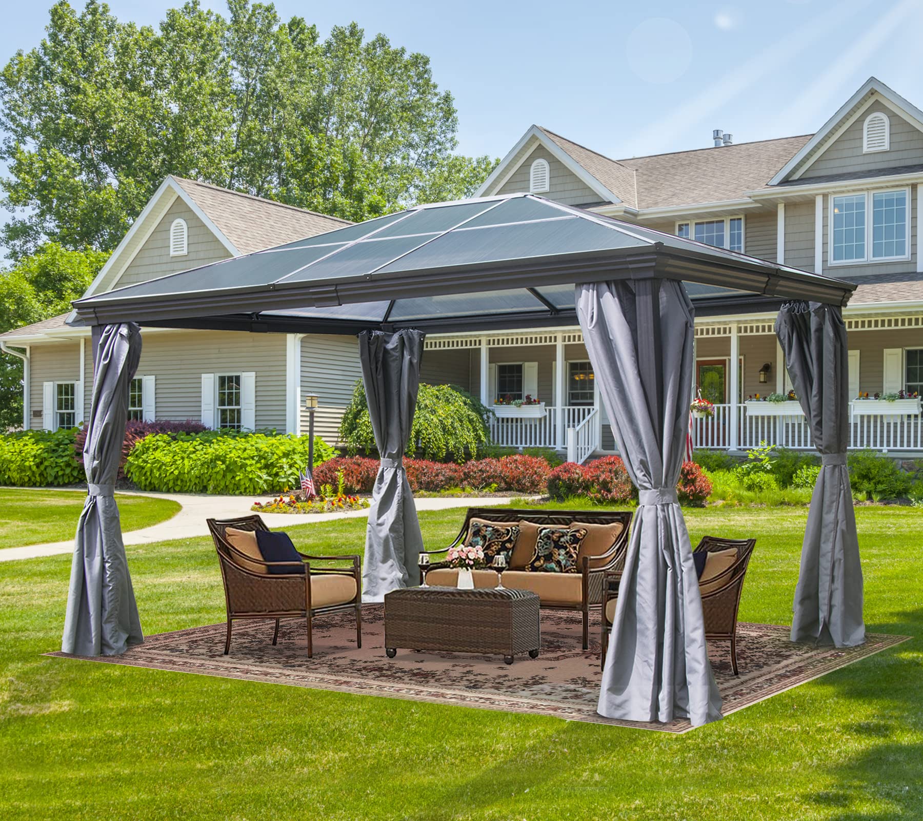LAUSAINT HOME Hardtop Gazebo with Privacy Curtains, 10x12 ft Outdoor