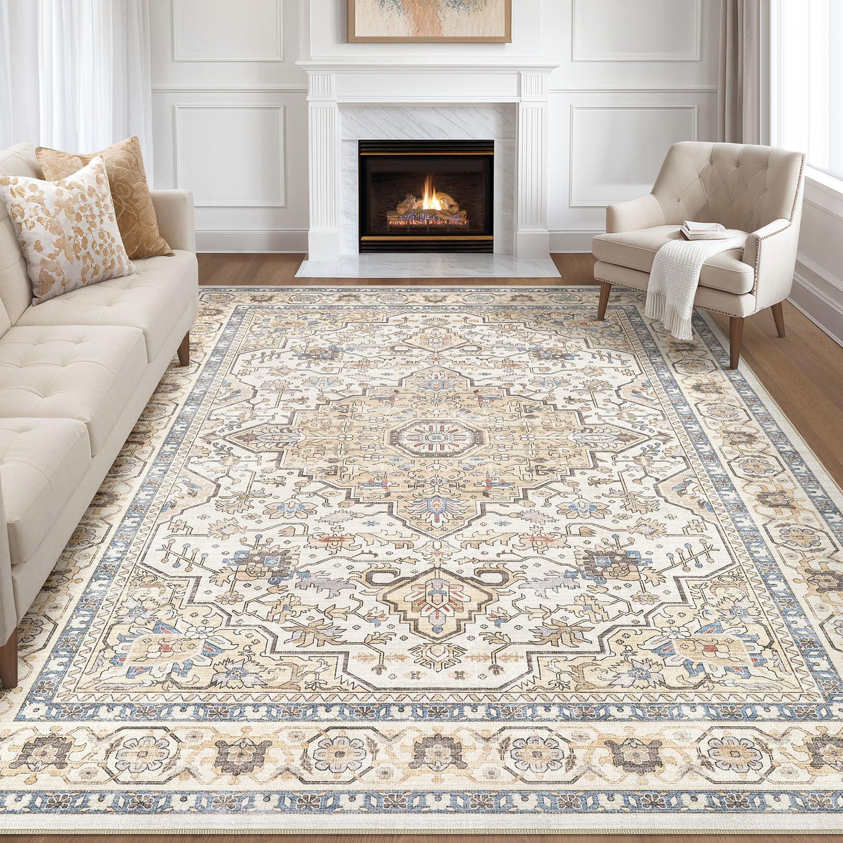 LOONGRUG 8x10 Area Rugs Washable Vintage Boho Living Room Rug Sand Blue