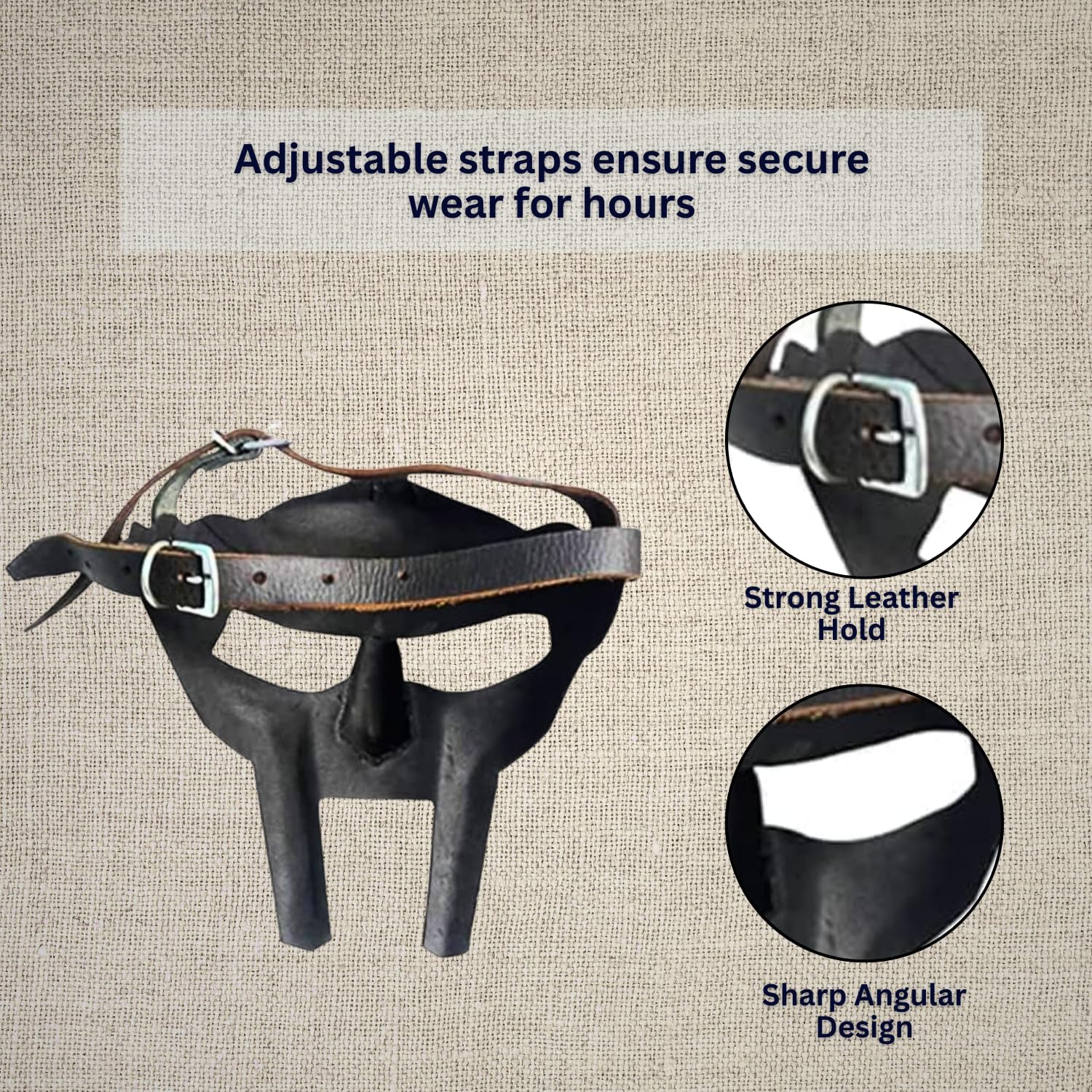 Medieval MF Doom Gladiator Face Mask | Golden Finish Metal Battle Ready Face Mask with Leather Straps | Wearable Adult Mask for Halloween, Cosplay, Reenactment & Costume Events - Image 5