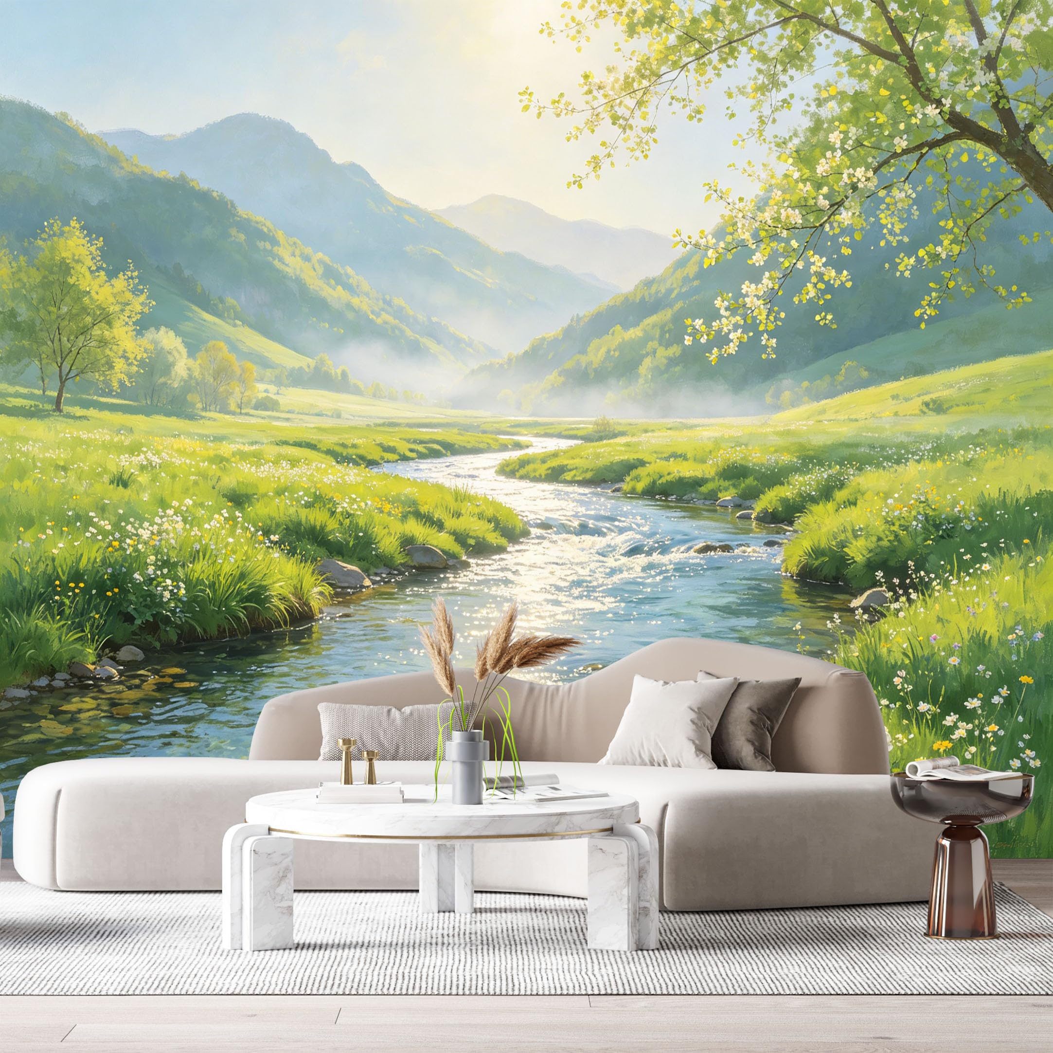 Custom Size Wall Murals Spring Meadow Landscape Oil Painting Mountain Valley River Blooming Trees SelfAdhesive Wall Fabric Removable Large Wallpaper for Photo Living Room
