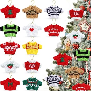 24 Pcs Christmas Ugly Sweater Hanging Ornament12 Sets with Mini Clothes Hanger Xmas Sweater Knitting Winter Sweater Pendant for Christmas Tree Kitchen Cabinet Decor Favors GiftB