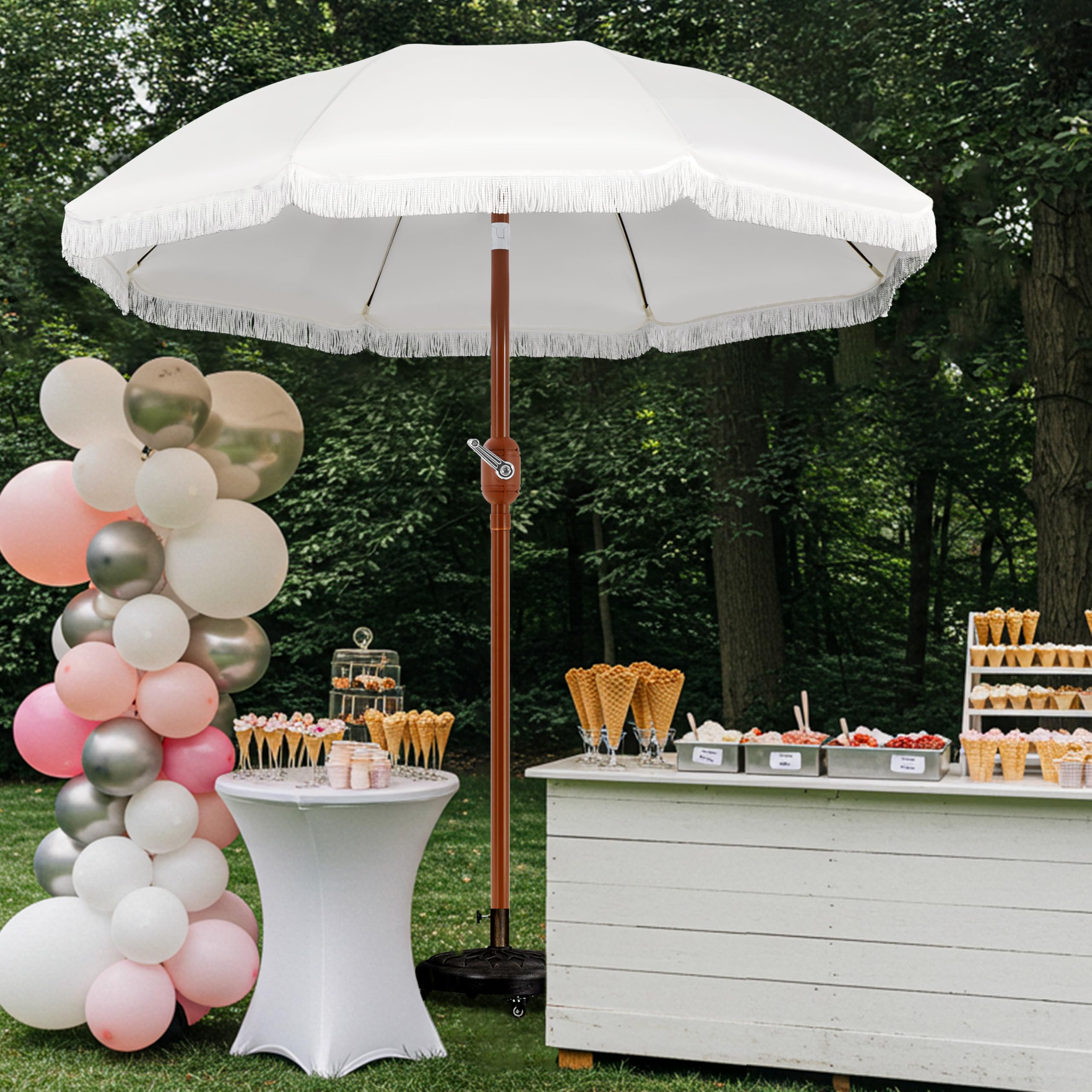 Yaheetech Romantische parasol met kwastjes, 215 cm, inklapbare tuinparasol, 8 glasvezelribben, scherm met franjes, zwengel, zonnescherm, terrasparasol, uv-bescherming, zonder standaard, crèmewit