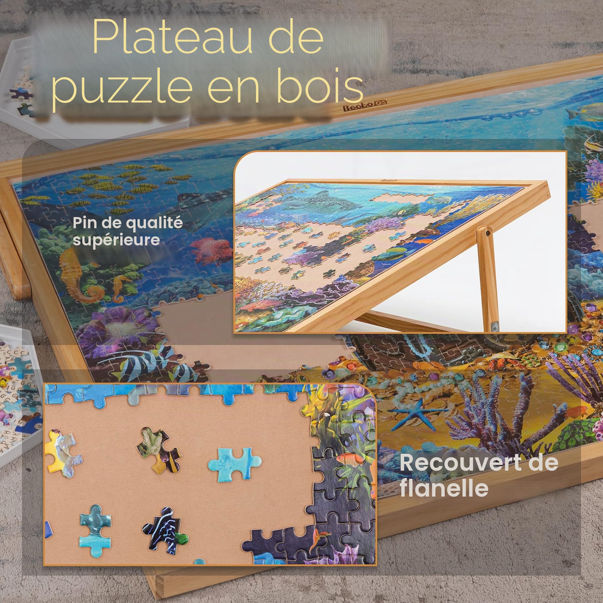 Becko Plateau de puzzle en bois réglable pour adultes et enfants jusqu'à 1000 pièces