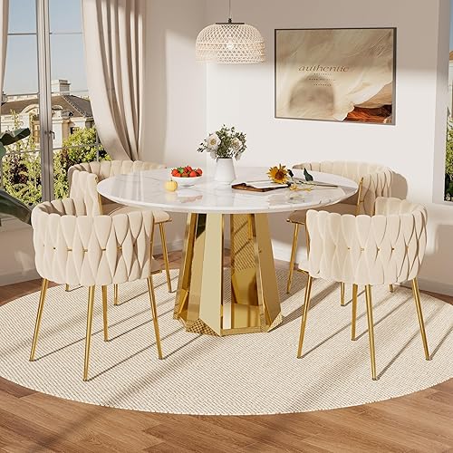 Moderno juego de mesa redonda de comedor para 4, juego de mesa de comedor de mármol blanco de 5 piezas, mesa de comedor dorada de lujo y 4 sillas de