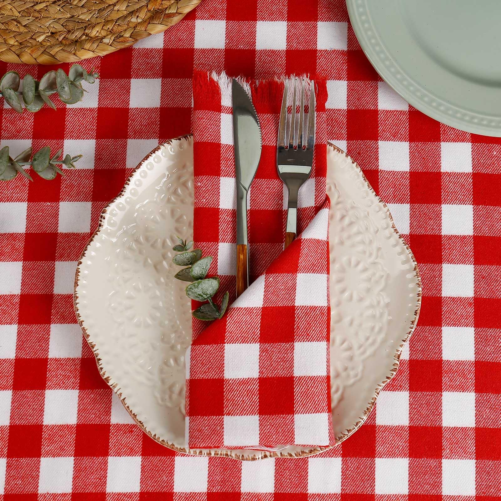 Set di 12 tovaglioli di stoffa fatti a mano in 100% cotone con frange, 43 x 43 cm, tovaglioli a quadri rossi per il Ringraziamento, Natale, pasti quotidiani