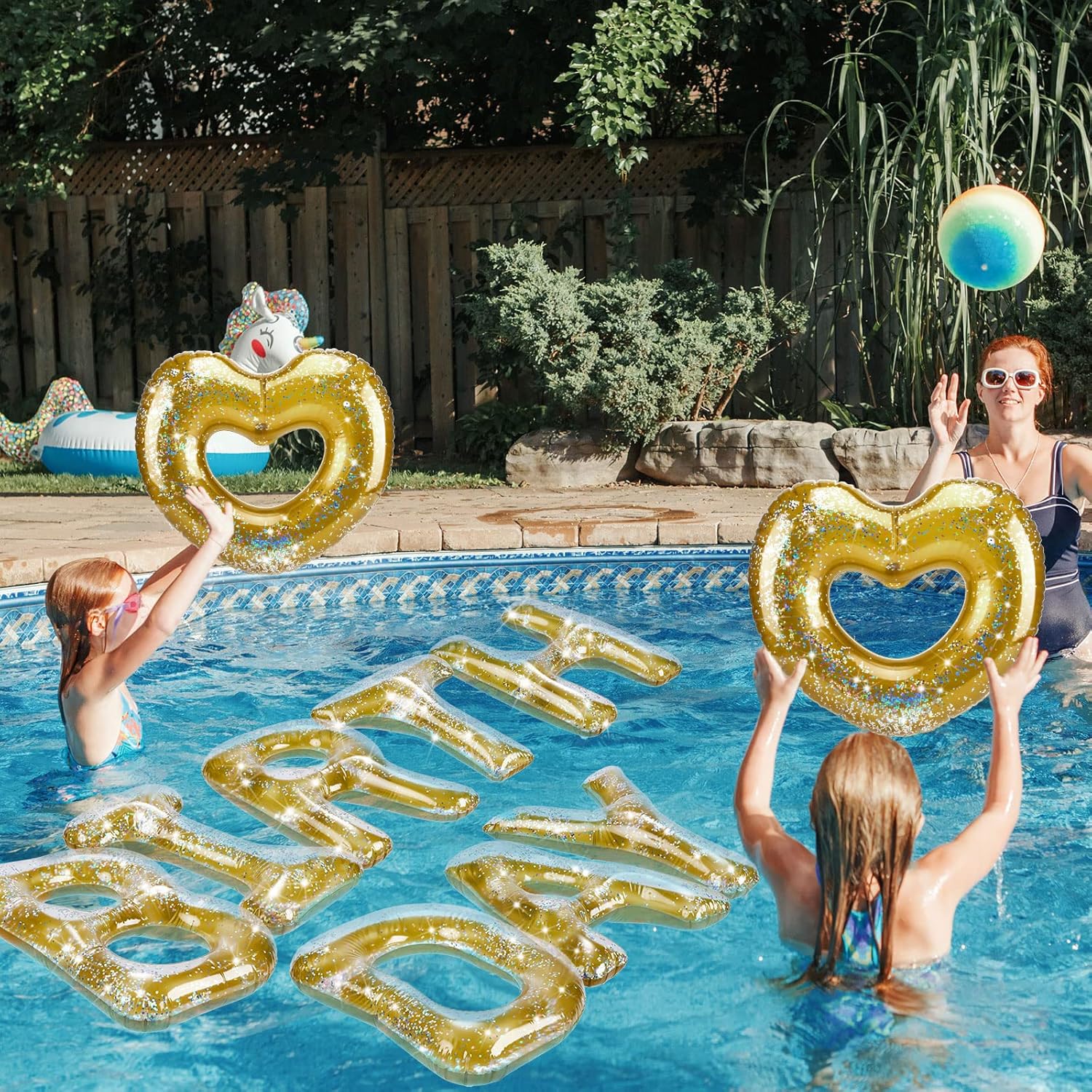 15 Pcs Happy Birthday Pool Float Inflatable Letter Heart Pool Party Float Combo Large 20'' Letter Balloons Float Decoration Water Swimming Pool Beach Toys with 40 Pcs Adhesive Dots for Party