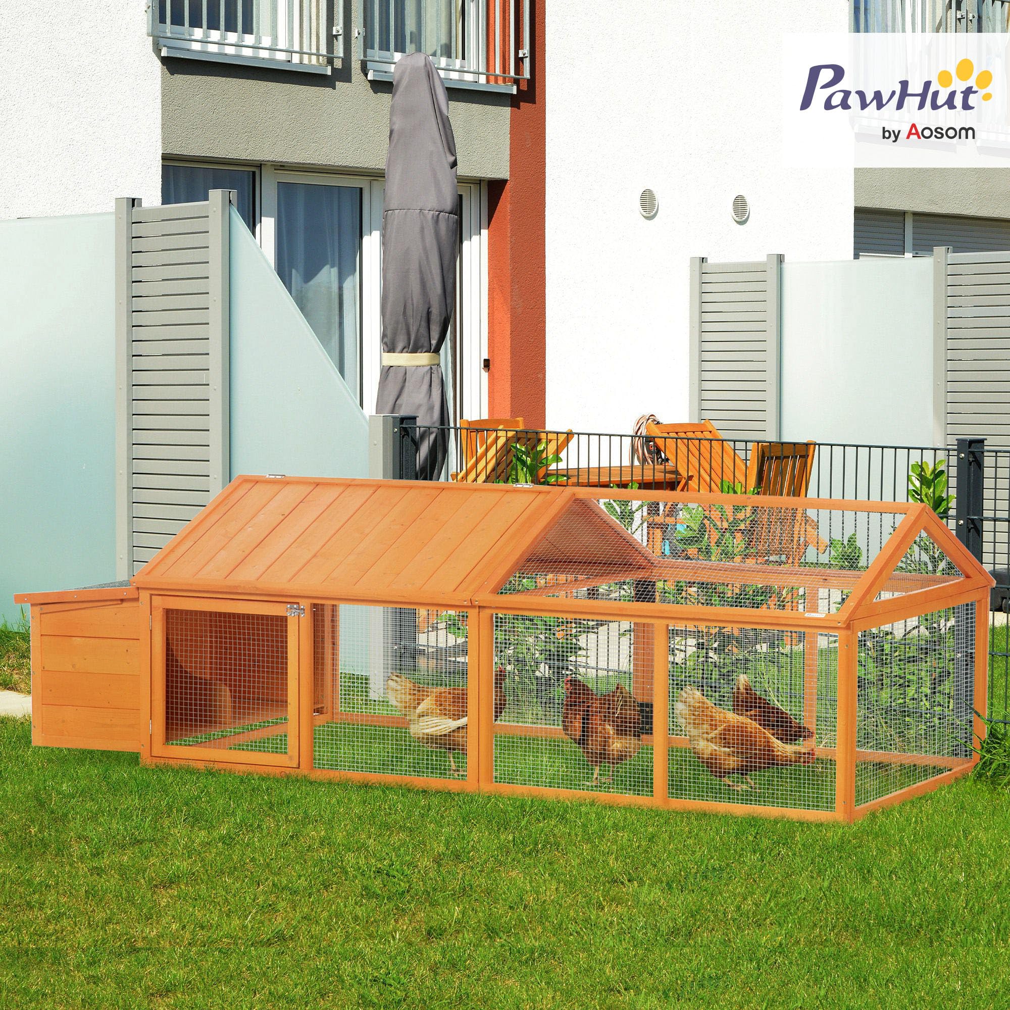 PawHut Grand poulailler XXL 240cm en Bois pour 4-8 Poules - Cage à Poules Design Moderne à 2 Zones avec Double nichoir - Toit ouvrant, Porte verrouillable, 240 x 112,5 x 76 cm, Orange