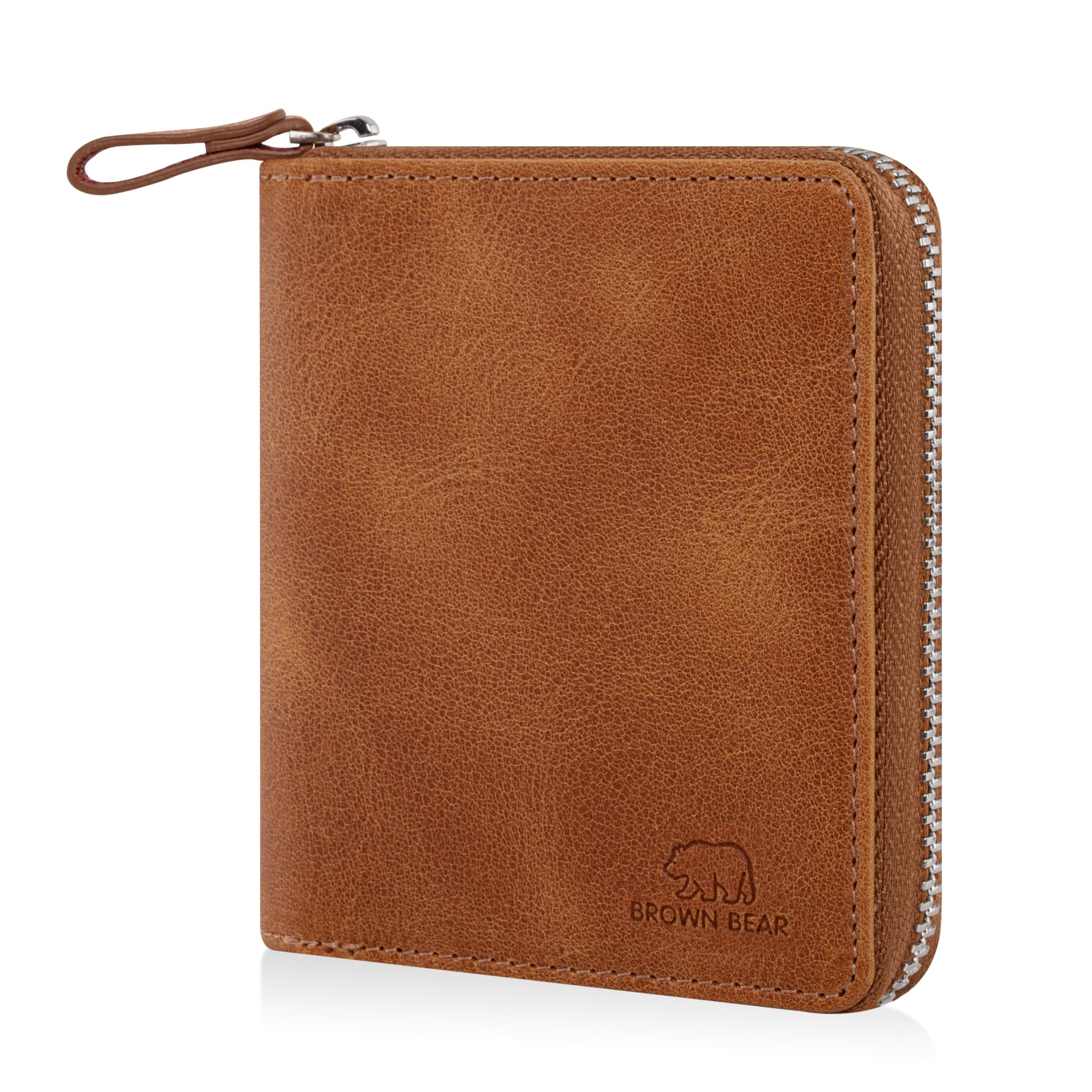BROWN BEAR Cartera Cremallera Cuero RFID Protección y Monedero - 8009, Marrón Vintage Coñac, 0, Cartera con cremallera alrededor