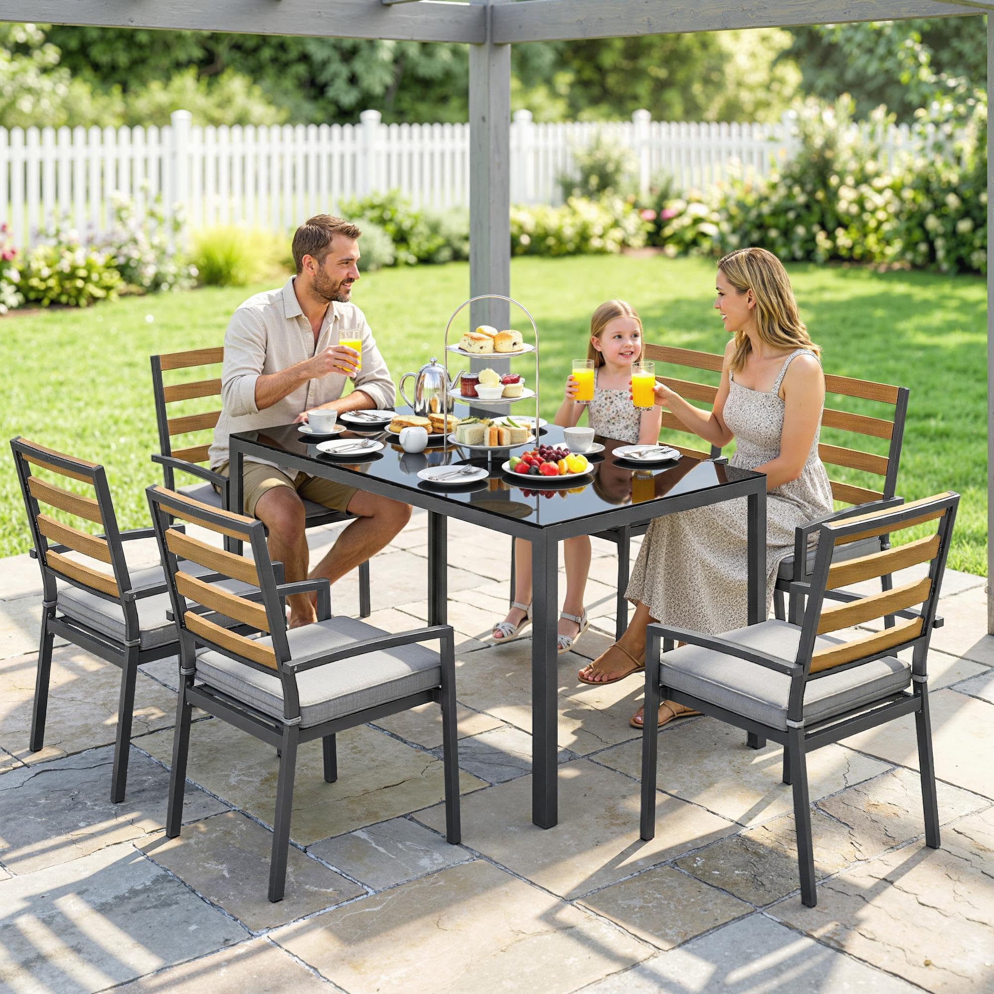 Outsunny Set Tavolo e Sedie da Giardino 7 Pezzi, Set Pranzo Esterno con Tavolo da Giardino Rettangolare in Vetro Temperato, 6 Sedie, Cuscini, Struttura Acciaio Zincato per Terrazza Balcone, Nero