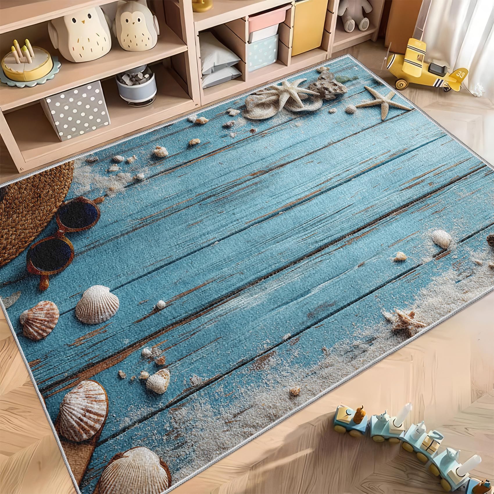 Grain de Bois Sarcelle Paillasson Interieur 60x90 cm, Tapis d'entrée Étoile De Mer Lavable en Machine, Côtier Plage Tapis de Porte Antidérapant à Poils Ras pour Couloir, Cuisine, Salle de Bain, 1J19t