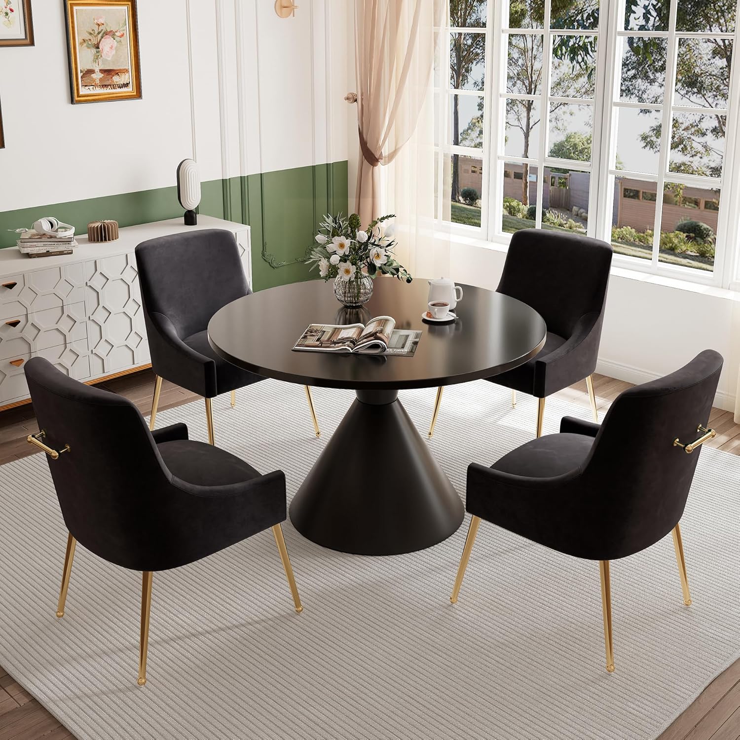 Clihome Velvet Dining Chairs Set of 2 with Gold Legs, Upholstered Kitchen Chairs Armless Accent Chair with Back and Gold Pull Trim for Kitchen Dining Room, Black