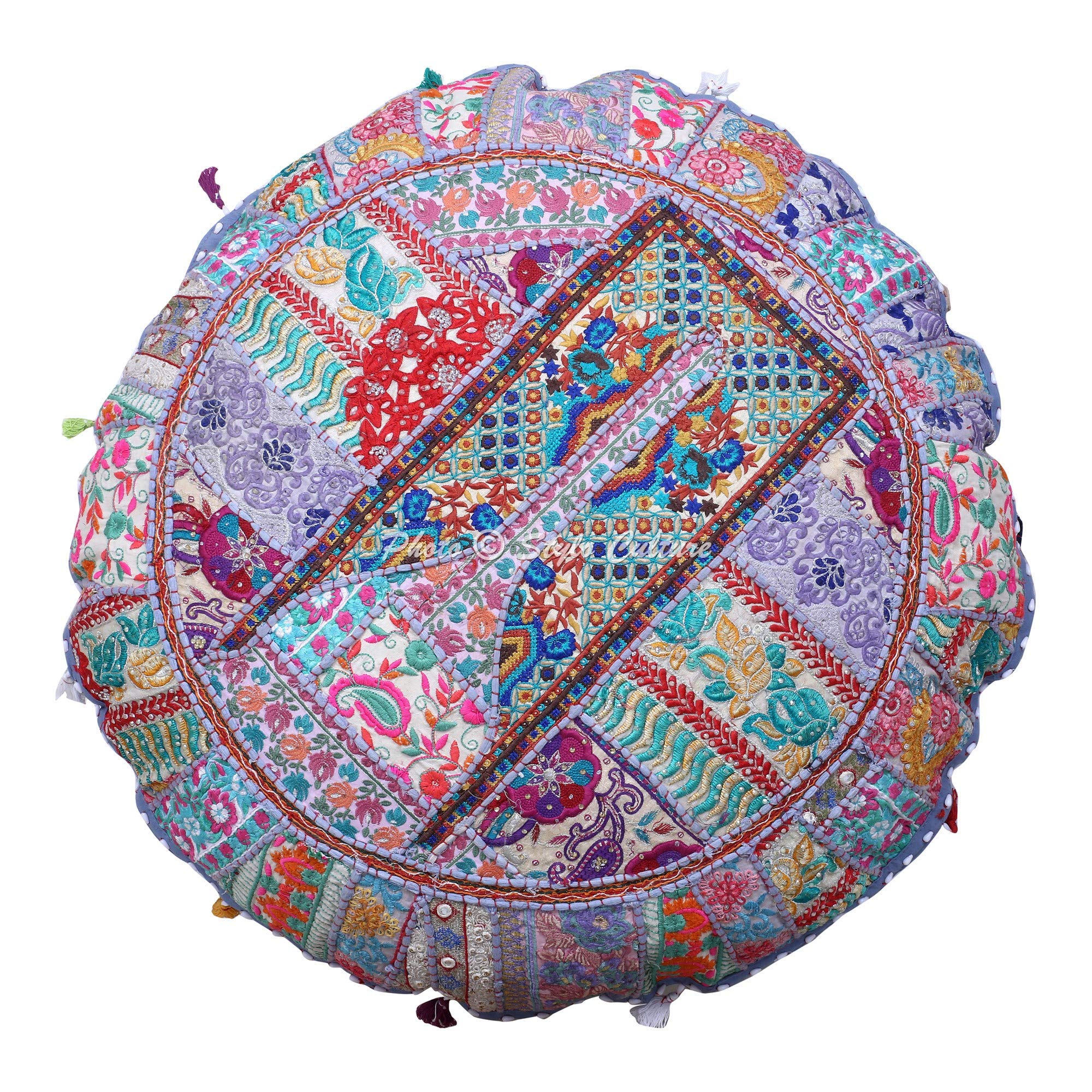 Ethnischer Bodenkissenbezug 80x80 Cm – Handgefertigtes Patchwork Aus Indien, Schwarz Mit Stickerei