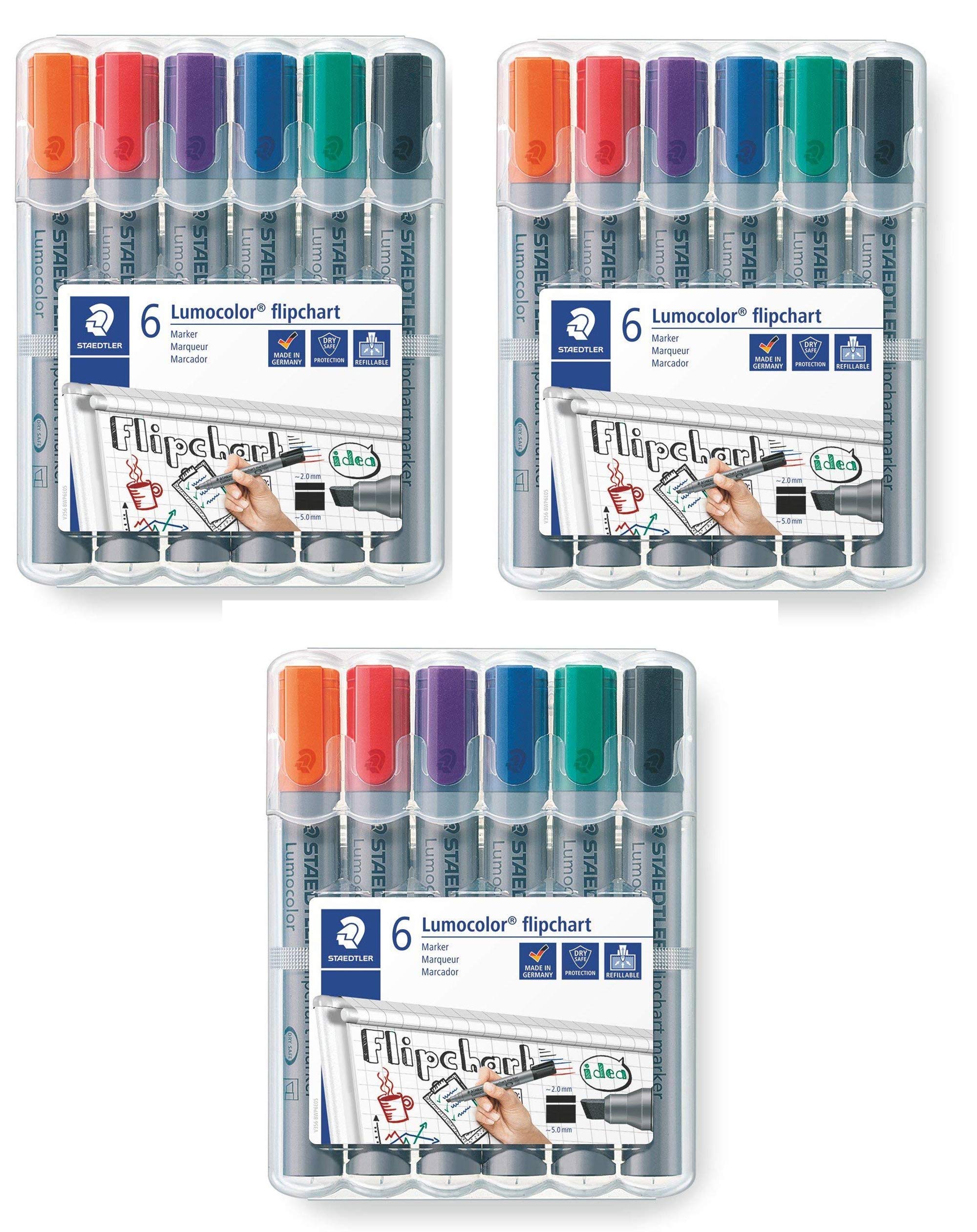 Staedtler Lumocolor 356 B WP6 Flipchart-Marker, Keilspitze ca. 2 oder 5 mm Linienbreite, Set mit 6 Farben, (6er Etui (3x))