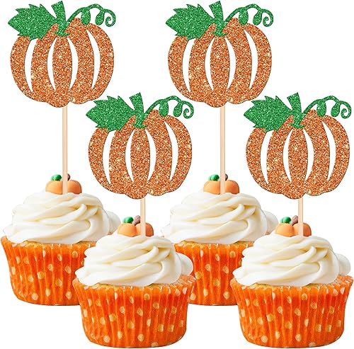 Miniatura 8 de 24 piezas de adornos para cupcakes de calabaza con purpurina con temática de otoño para Acción de Gracias, Halloween, baby shower, fiesta de