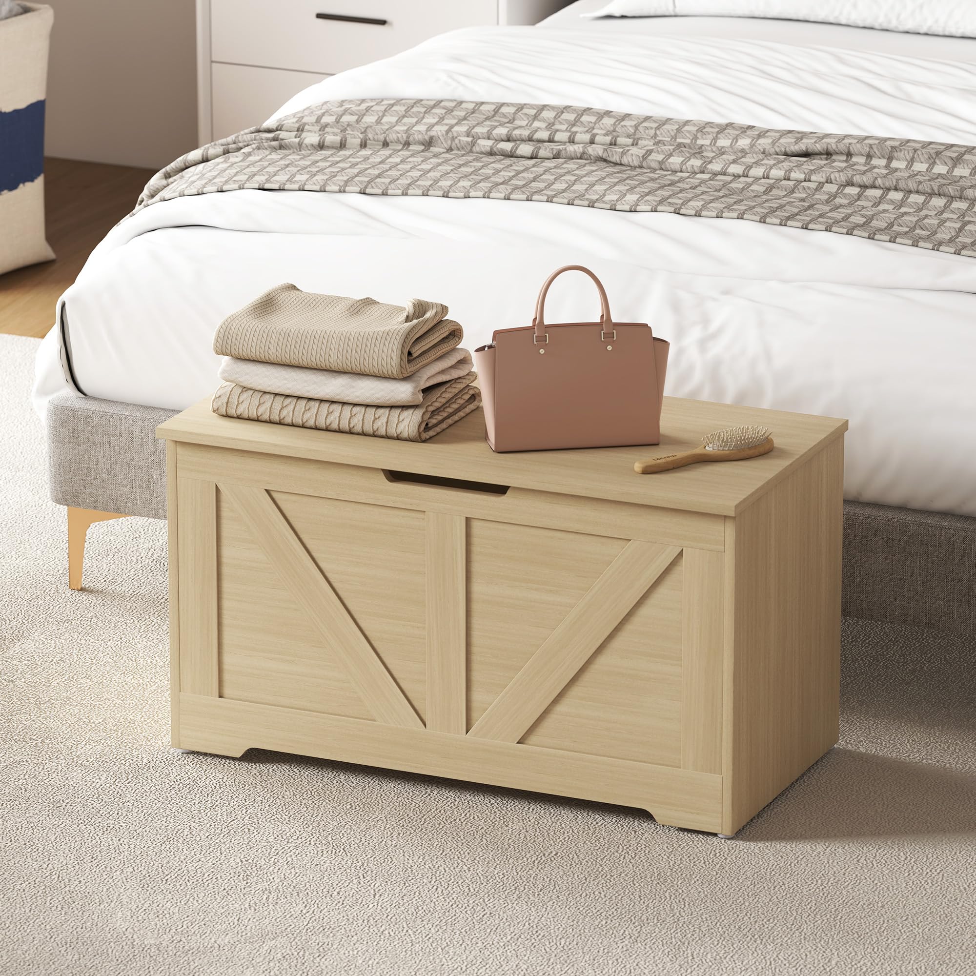 HOMCOM 100L Baúl con bisagra de Seguridad 80x40x45 cm Madera Natural | Baúl zapatero, tirador en U, caja para mantas, recibidor dormitorio sala de estar entrada