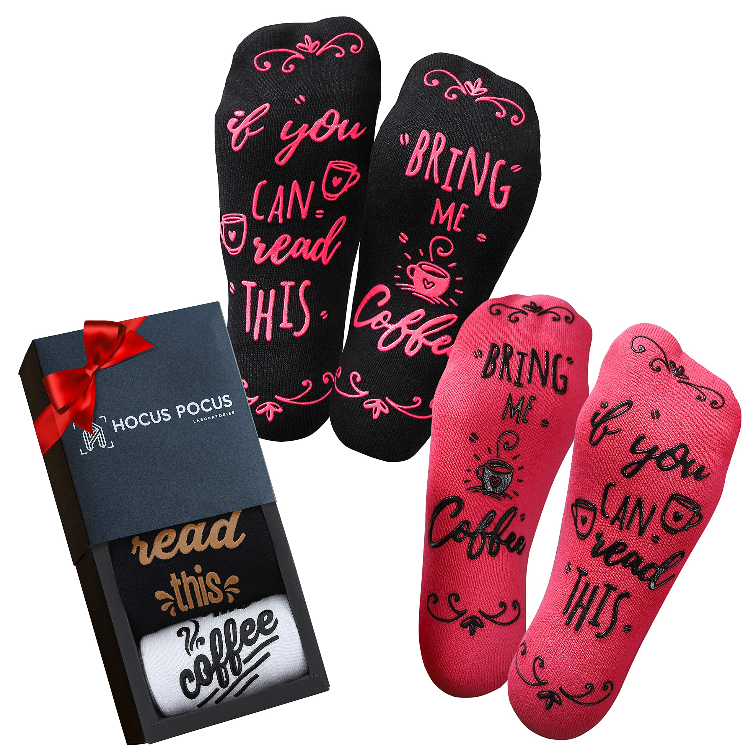 Gothic CuriositiesMothers Day Gift For Mom - If You Can Read This Bring Me Coffee Socks - 2 Pairs (Black & Pink) - Unisex Fit for Shoe Sizes 5-12 - Coffee Gifts for Women, Black Pink, One size