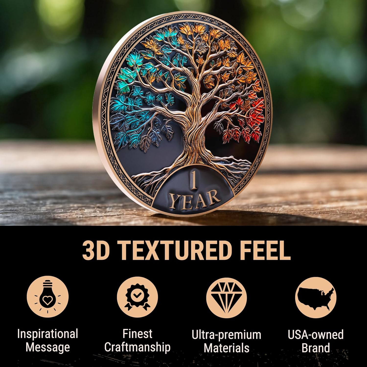 1 Year Sobriety Coin Tree of Life Gift Set | Anniversary Sobriety Gifts for Men & Women | AA Coins and Medallions with Token Capsule, Stand & Card | 3D Texture, Recovery AA Chips - Image 3