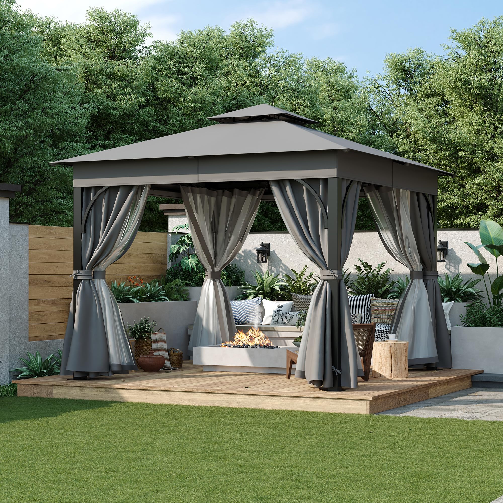 WILLIAMSPACE Outdoor Patio Gazebo 10x10 with Double Roofs, Heavy Duty Patio Gazebo with Privacy Screens & Mosquito Netting, Outdoor Canopy for Backyard, Garden, Lawn and Deck, Gray