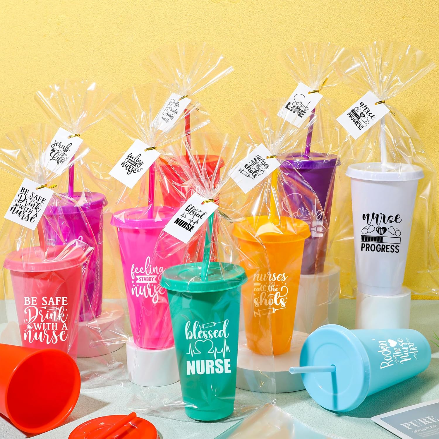 30 Sets Nurse Appreciation Gifts Bulk, 24 oz Tumblers with Lids and Straws, Thank You Plastic Cups with Cards and Bags for Nurse Staff Holiday Party Favors(Elegant,Bright Colors) - Image 6