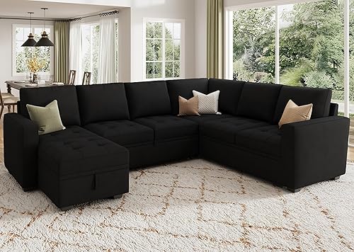 Miniatura 6 de HONBAY Sofá cama modular modular con cama extraíble, sofá convertible en forma de L de terciopelo con asiento de almacenamiento, sofás seccionales