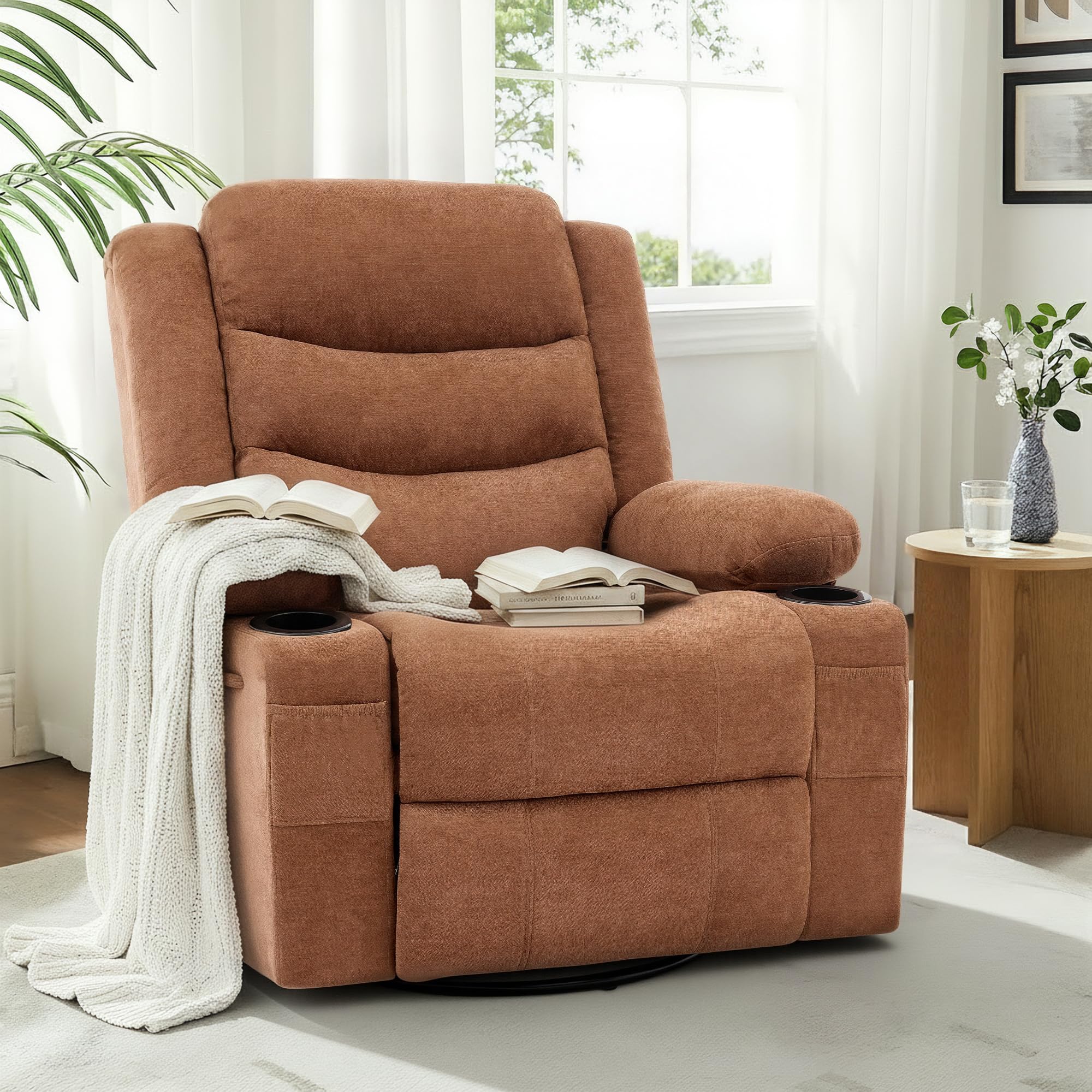 Swivel Rocker Recliner Chair, Manual Recliner Single Sofa with Cup Holders and Side Pocket, Chenille Fabric, Upholstered Nursery Rocking Chair for Living Room, Bedroom, Brown