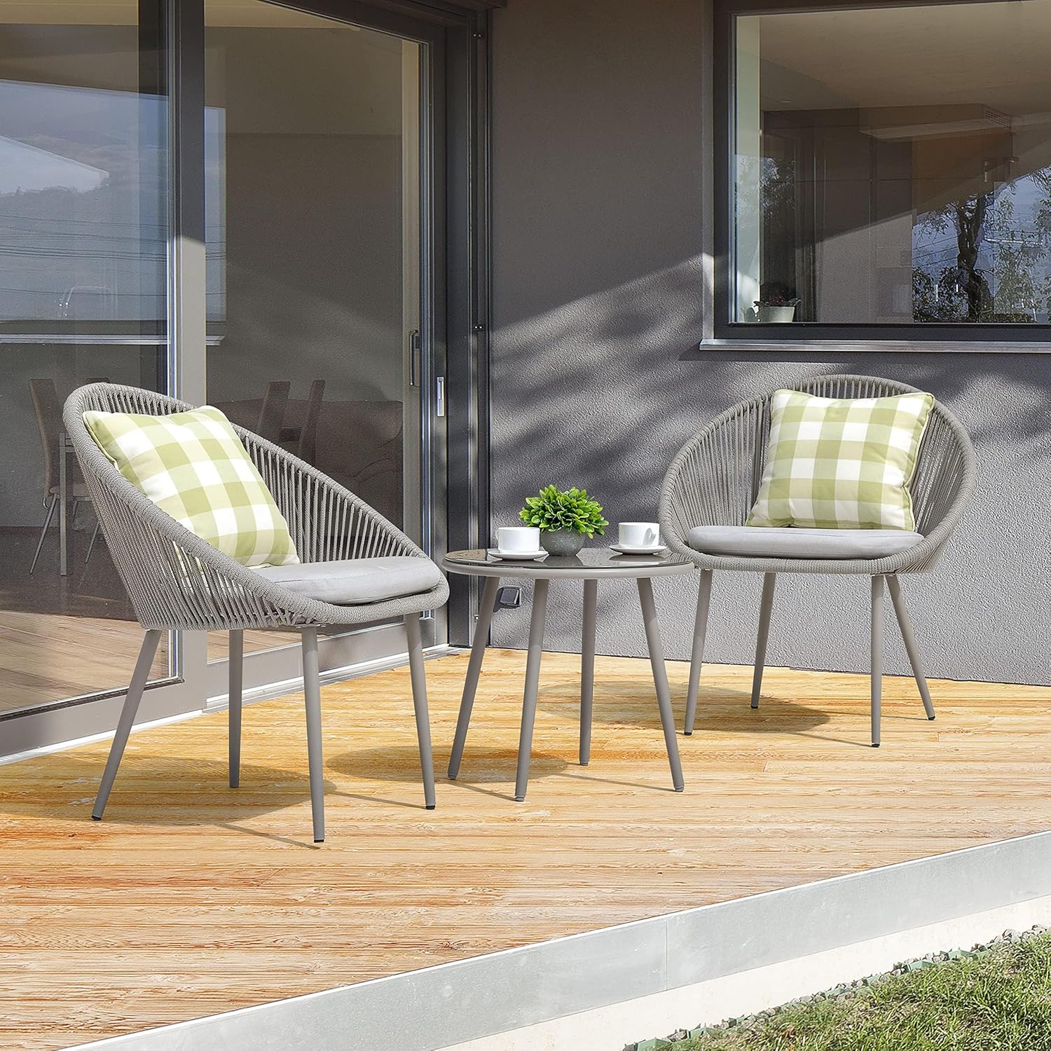 NUU GARDEN 3 Piece Outdoor Bistro Set, Woven Rope Conversation Patio Set, All Weather Patio Furniture Chairs and Table with Cushions for Garden, Deck, Backyard, Balcony, Porch, Beige
