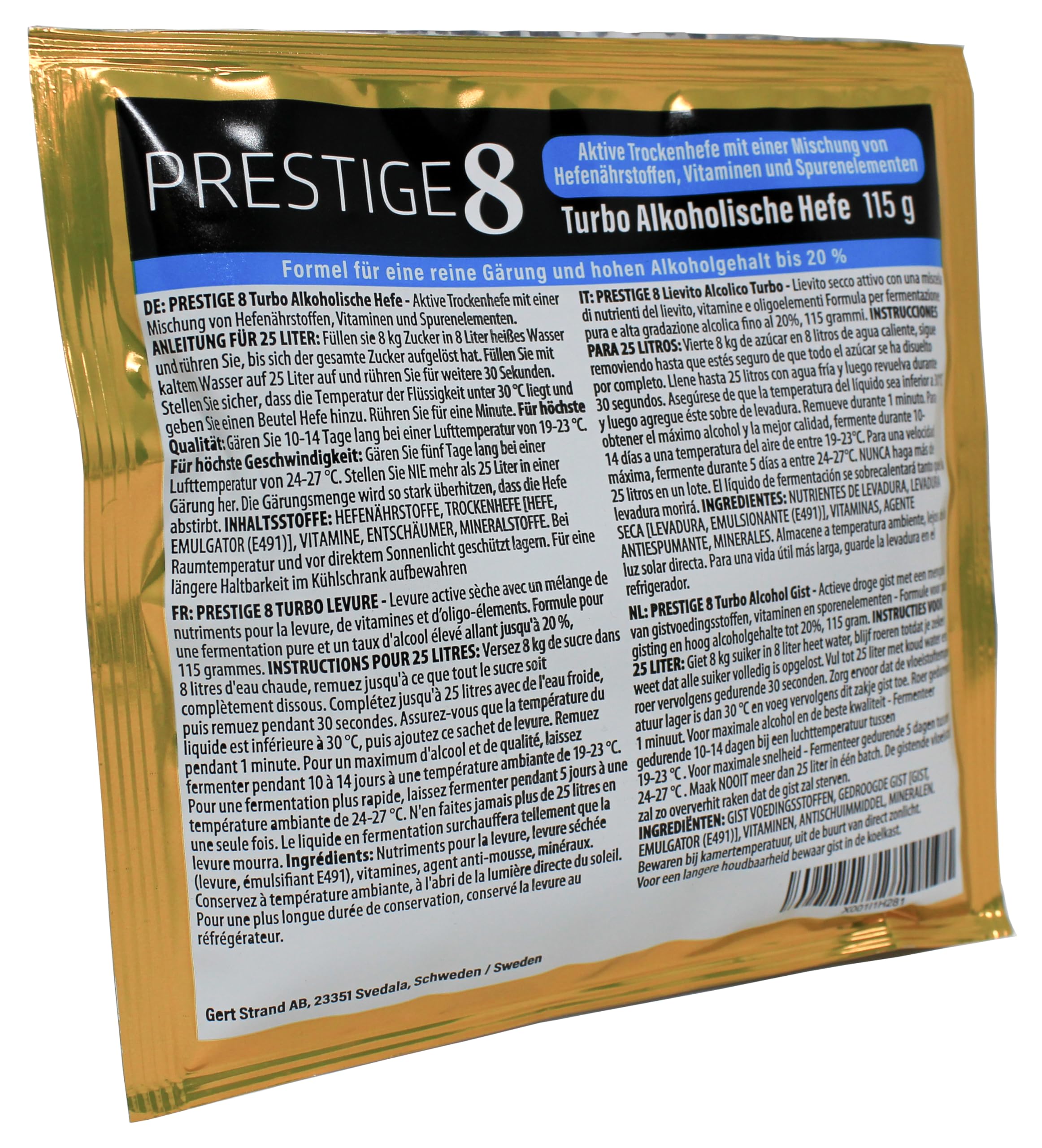 Prestige 8 Turbo-Hefe 18 Prozent, 10er-Pack - Allzweckhefe für die Heimbrauerei, eignet sich für die Gärung von Wodka, Wein, Weinbrand und Fruchtschnäpsen | 10x 115 g