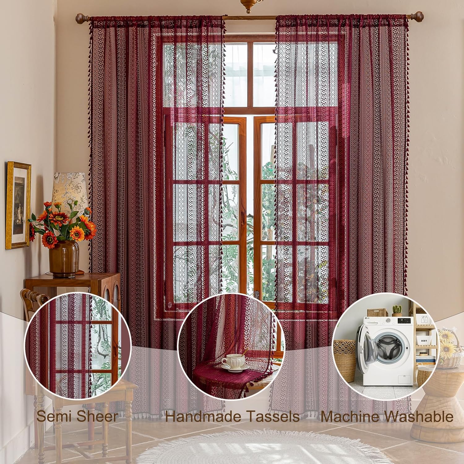 Sutuo Home Burgundy Boho Sheer Curtains 84 inches Long 2 Panels for Bedroom Living Room, Red Lace Curtains Crochet Bohemian Farmhouse Vintage Tassels Window Treatments Xmas Decor Rod Pocket, 50" W