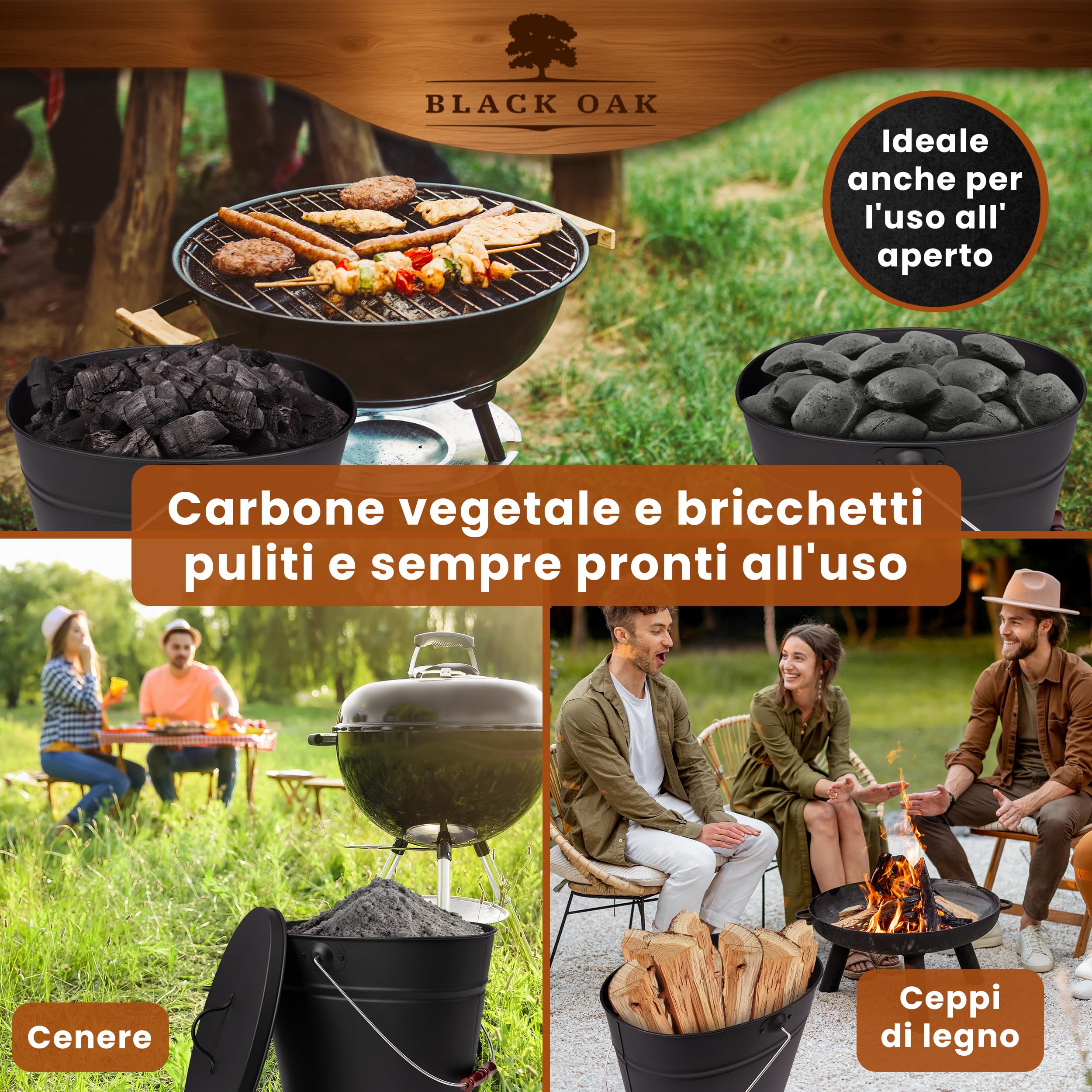 BLACK OAK KATLA - Pattumiera da 15 l, con coperchio in legno, grande, 15 litri, in acciaio zincato a prova di fuoco, verniciato a polvere, per cenere e carbone, accessorio ideale per camino, stufa a