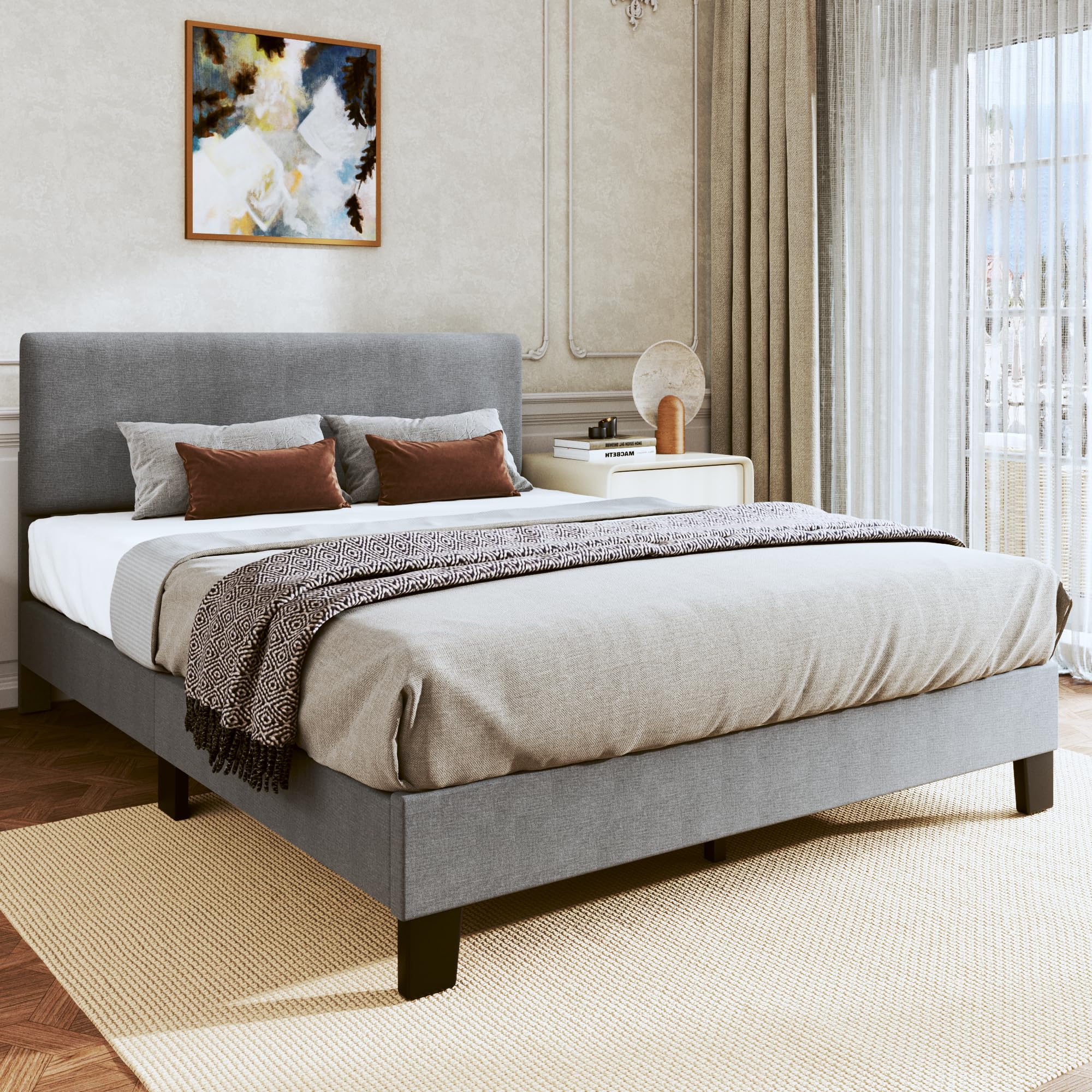 Fluest Full Bed Frame Upholstered Bed Frame Platform with Adjustable Headboard Linen Fabric Headboard Wooden Slats Support/No Box Spring Needed/Easy Assembly/Mattress Foundation, Light Grey