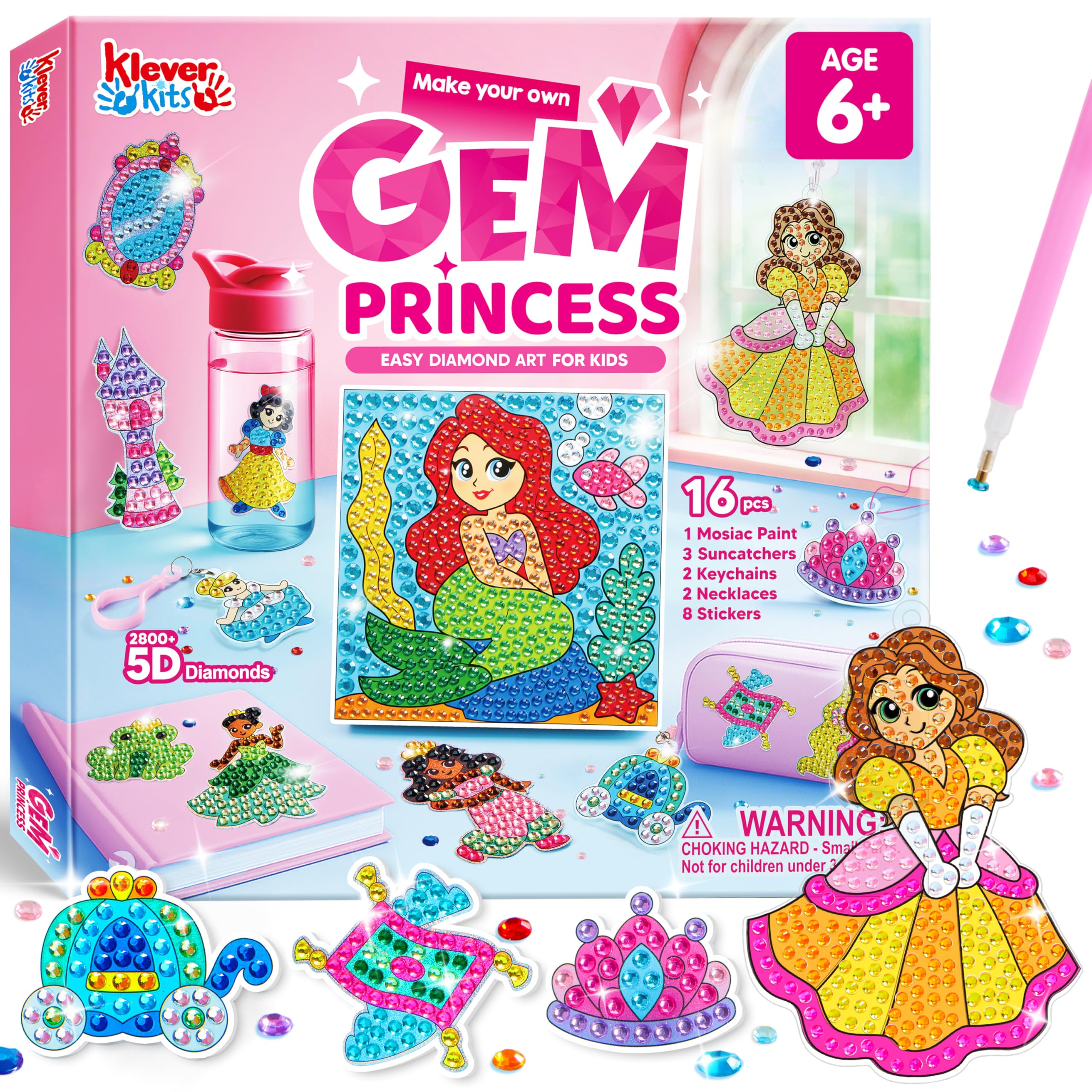 Klever Kits 52pcs Prinzessinnen Diamant Malsets für Kinder, Edelstein-Bastelaktivitäten-Sets mit großem 5D-Edelstein, Geschenk für Mädchen im Alter von 4,5,6,7,8,9,10,11,12 Jahren