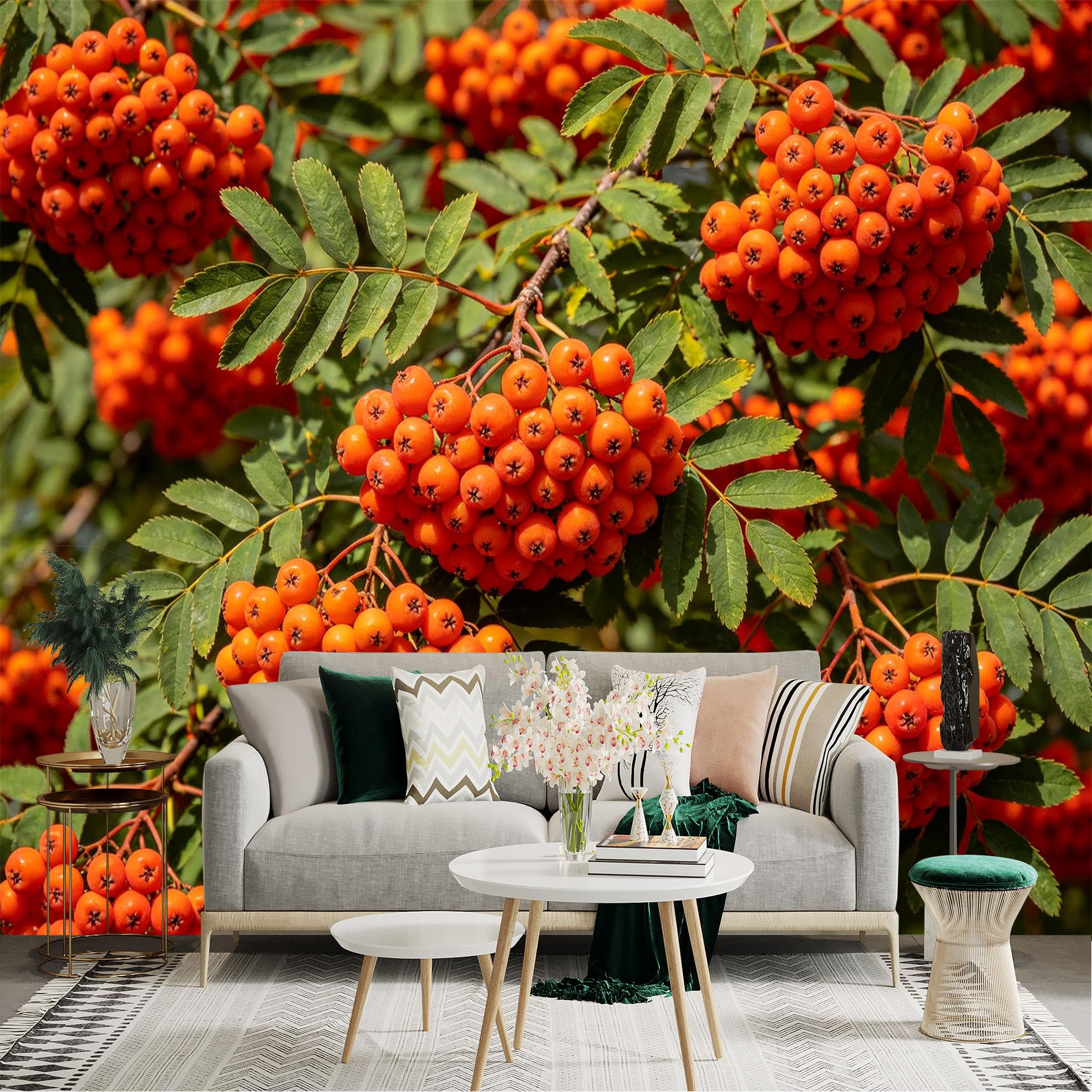 Lnzczhyre Dbh260521038 Custom Size Wall Sticker Mural， Vibrant Orange Rowan Berries， Clusters Of Autumn Fruit， Lush Green Leaves， Botanical Nature Pattern， For Wall Decoration， Peelandstick Wall Decals.