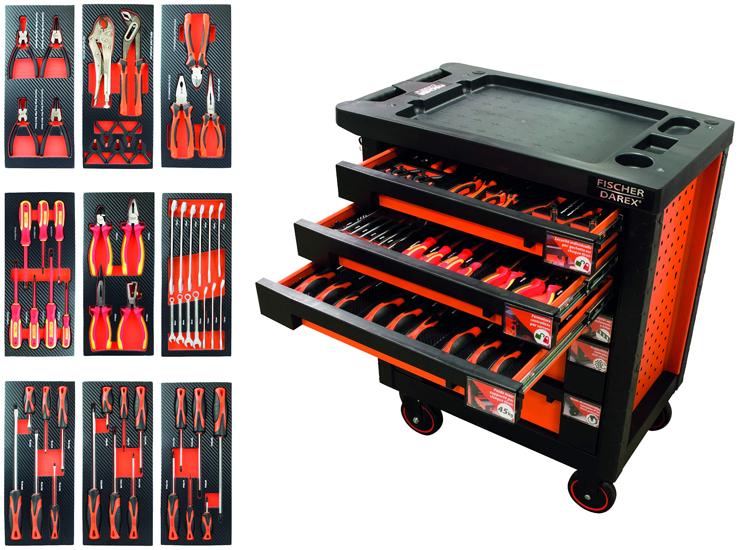 Servante d'atelier équipée clés + pinces + tournevis 56 outils