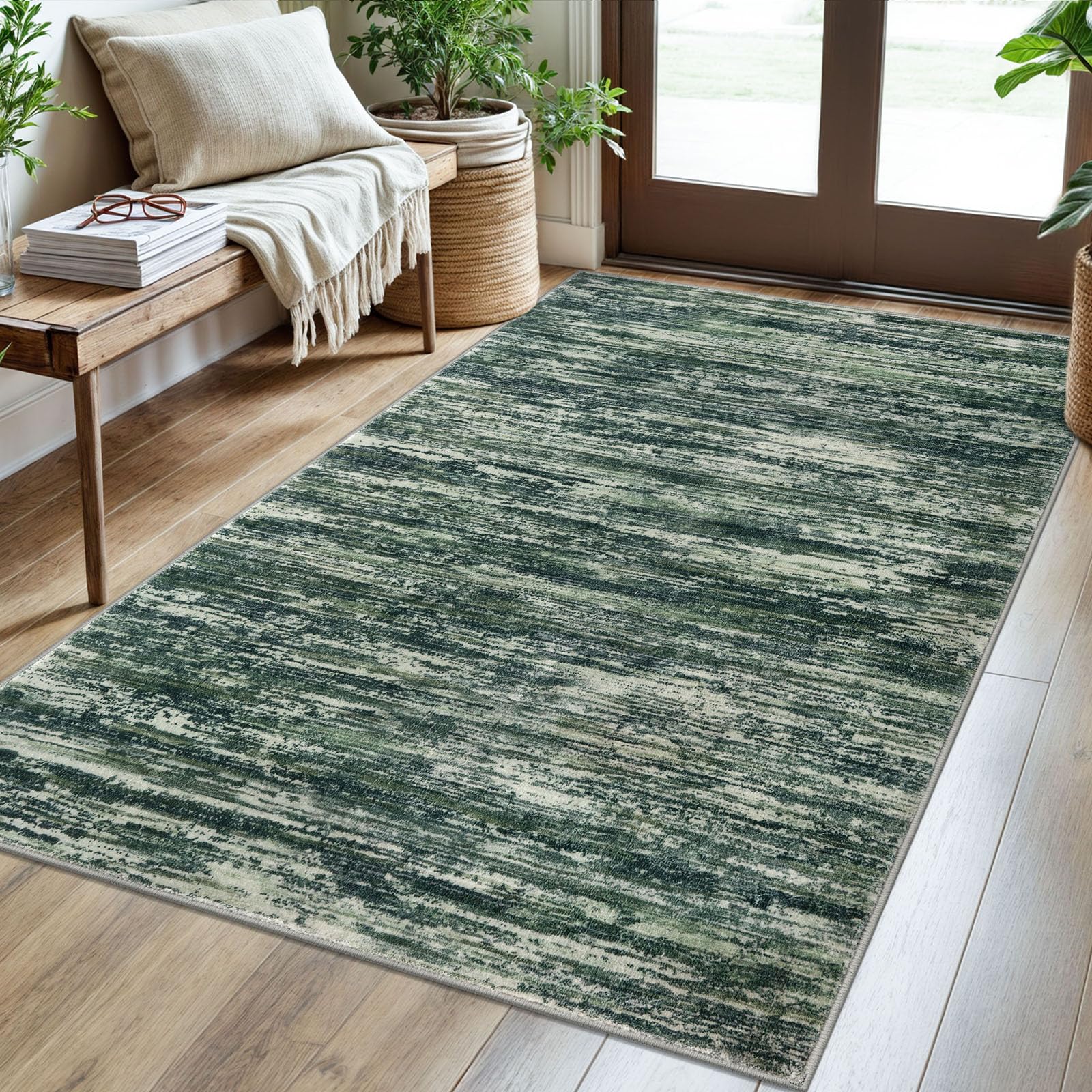 SIILOOM 3x5 Modern Abstract Area Rug for Entryway, Dark Green Super Soft Washable Rug with Non-Slip, Low-Pile Door Mat Indoor for Living Room Bedroom,