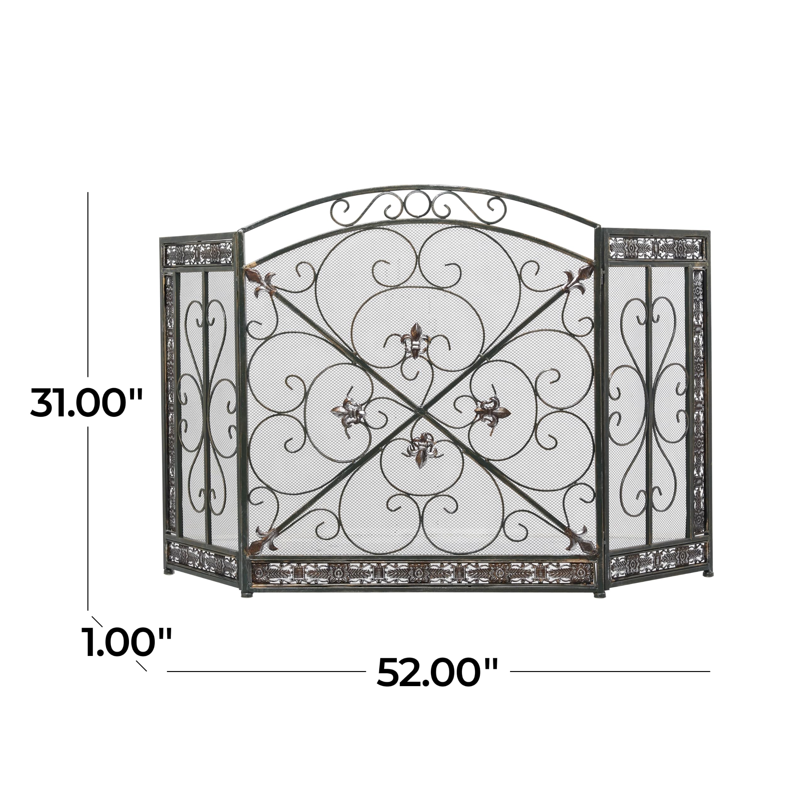 Deco 79 Malla de Malla Plegable de Metal para Chimenea, 3 Paneles, con diseños de Flor de lis y volutas, 52 x 1 x 31 Pulgadas, Color Negro