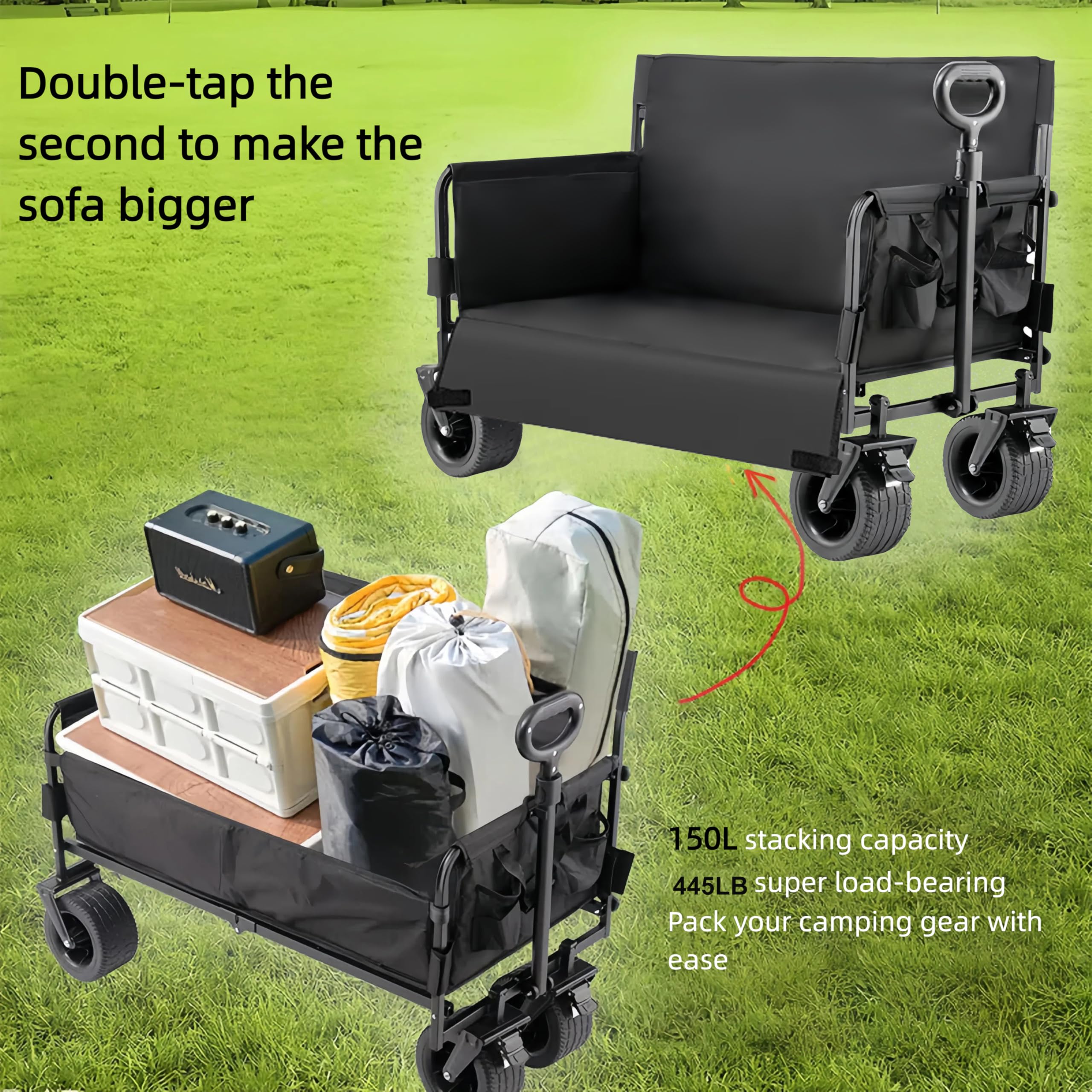 Nine point nine Bollerwagen Faltbar Umbaubar zur Bank, 445LBS Tragkraft Bollerwagen, Handwagen Mit Flexiblem Griff, Strandwagen Mit Rädern (008 Black)