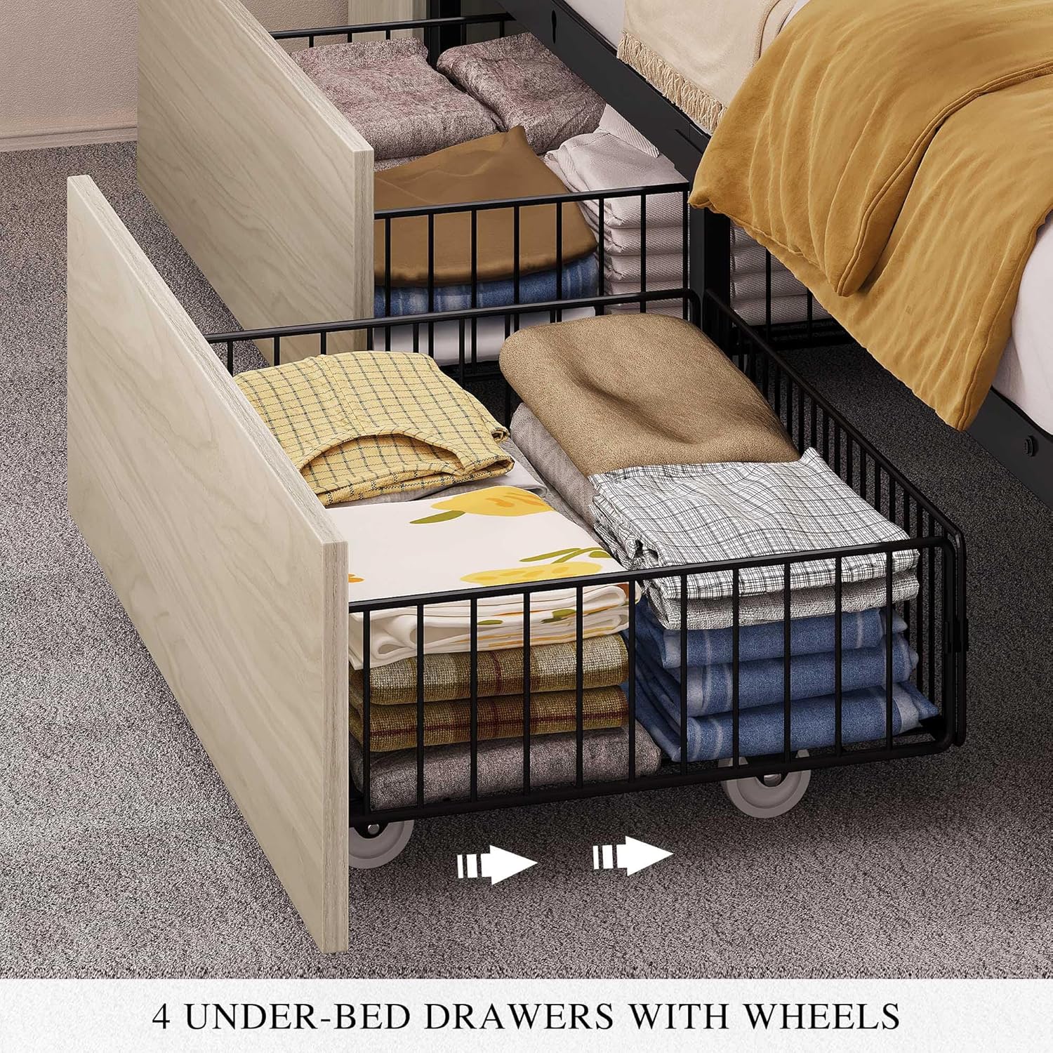 DWVO Farmhouse Queen Size Bed Frame with Storage Bookcase Headboard, Sliding Barn Door, 4 Storage Drawers, RGB LED Bed Frame with USB Charging Station, No Box Spring Needed, Antique White