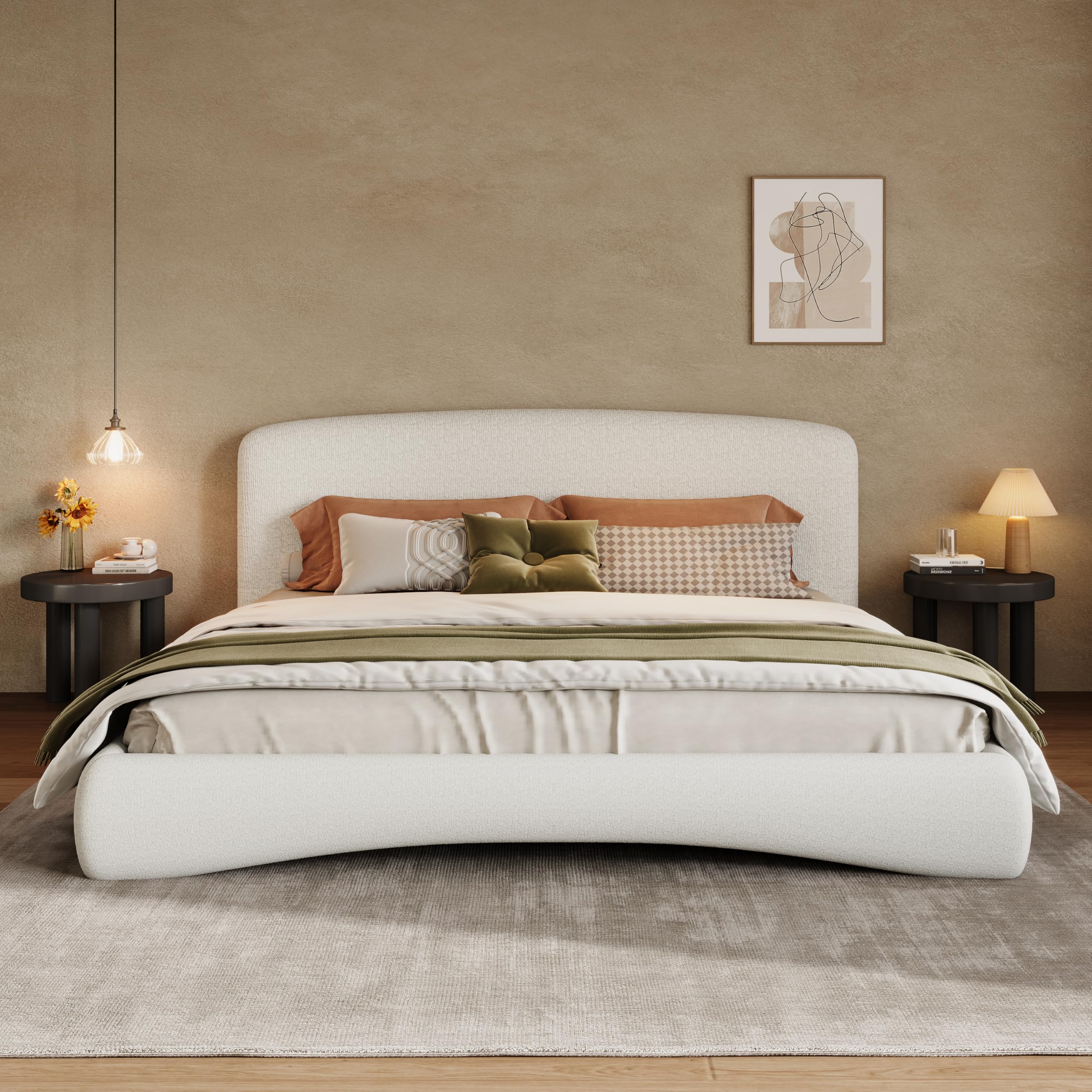 Photo 1 of Christopher Knight Home Marlo Boucle Upholstered King Size Bed Frame with Lights, Modern King Bed Frame with Headboard, Wooden Slats Support, Easy Assembly, No Box Spring Needed, Cream