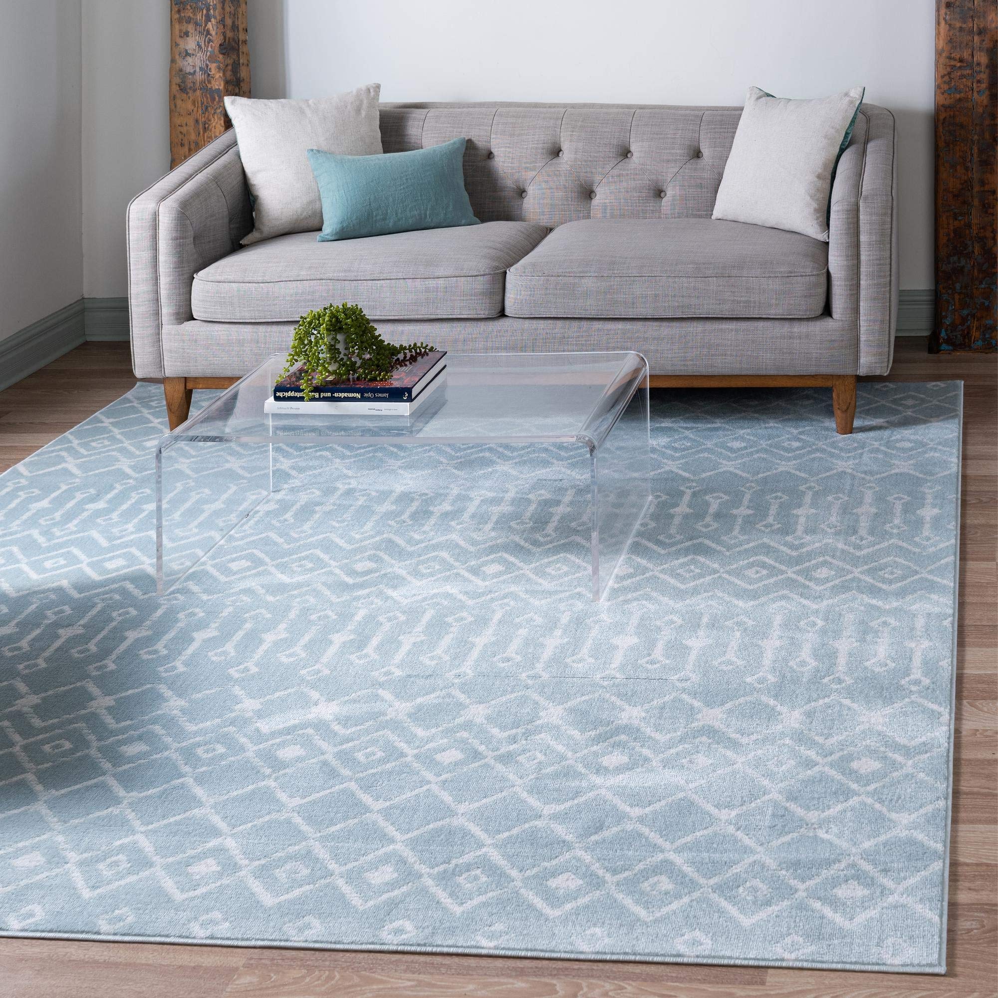 Rugs.com Geometric Kasbah Trellis Collection Rug – 8' Square Light Blue Low Pile Rug Perfect for Living Rooms, Kitchens, Entryways