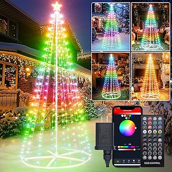 8FT LED Christmas Cone Tree Light, 355LEDs Outdoor Lighted Christmas Tree with Smart APP Control, IP65 RGB Lighted Cone Tree for New Year Decor with IP44 Adapter for Indoor Outside Yard Display