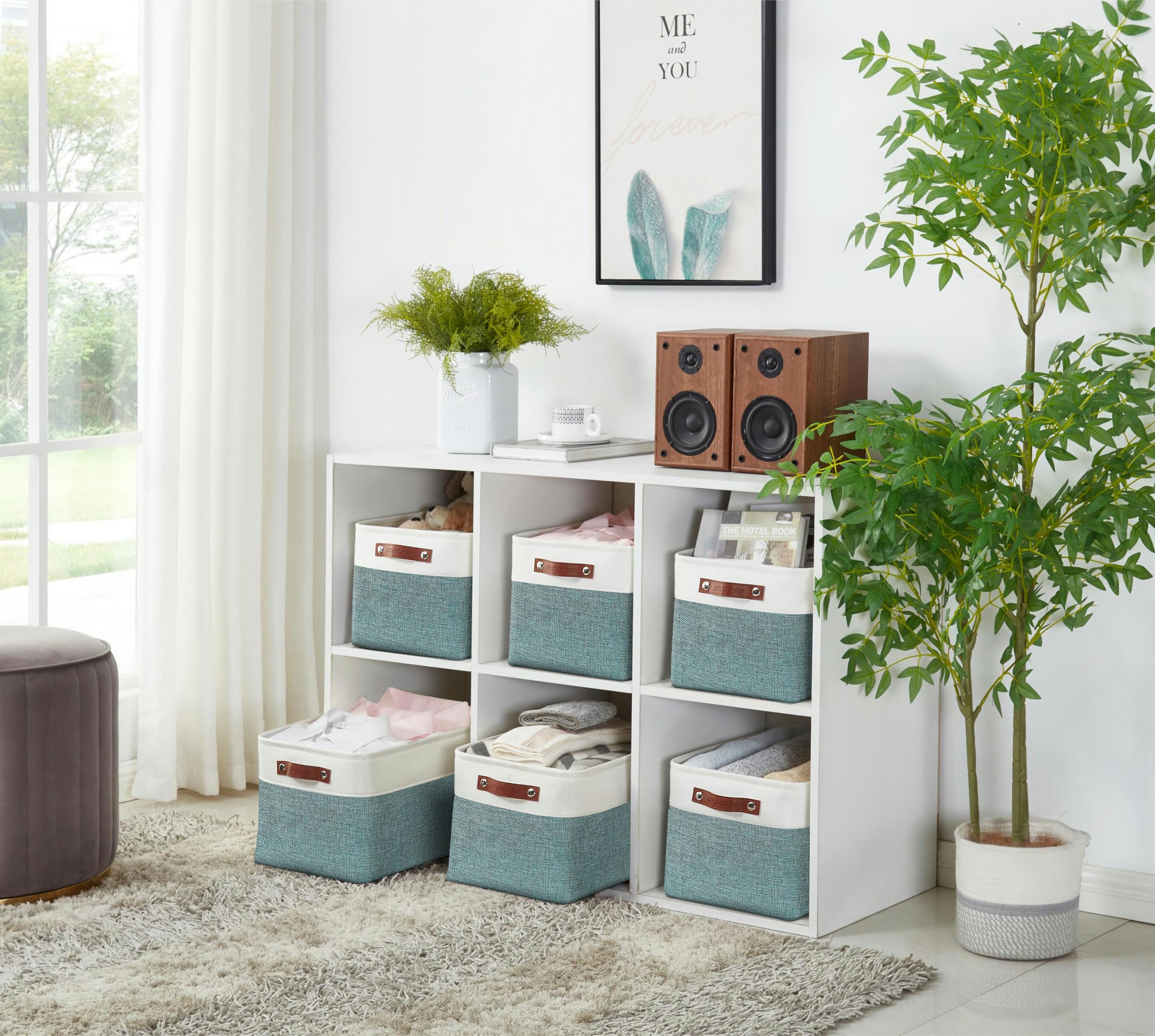 DECOMOMO Cestas de almacenamiento | Cajas de almacenamiento de tela organizadoras de almacenamiento para armario, juguetes, estantes, oficina, hogar y guardería (extra grande, verde y blanco, 15.8 x | Organizadores decorativos de lino para armario de 15.8