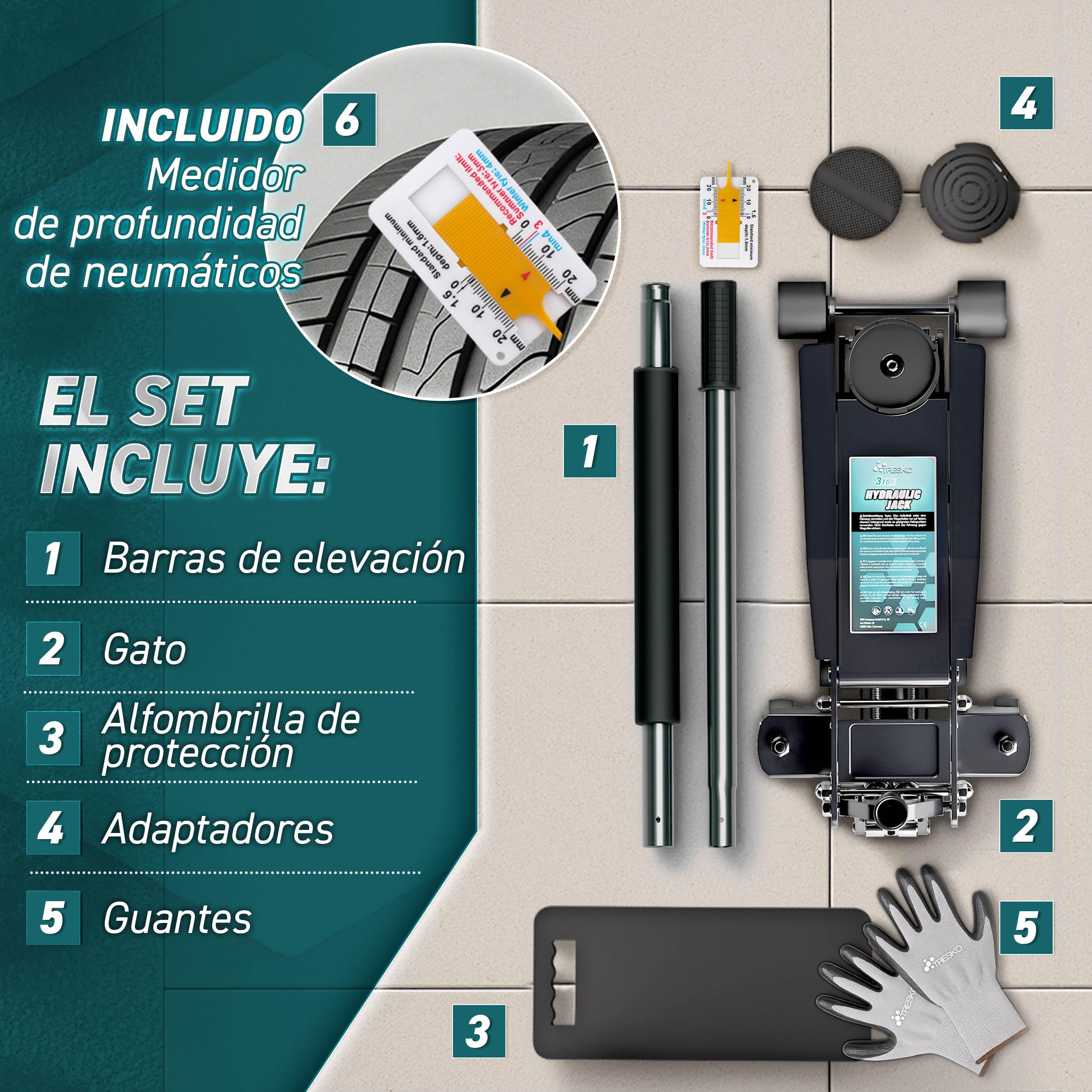 TRESKO gato hidráulico 3T 75-510mm doble pistón ruedas 360°