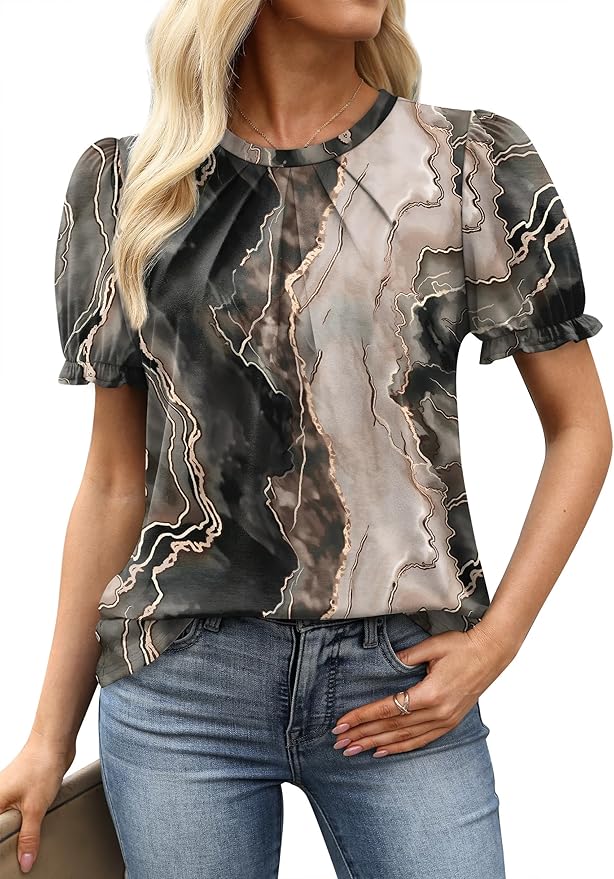 OFEEFAN Womens Tops Dressy Casual Blouses Short Puff Sleeve Tops Pl...