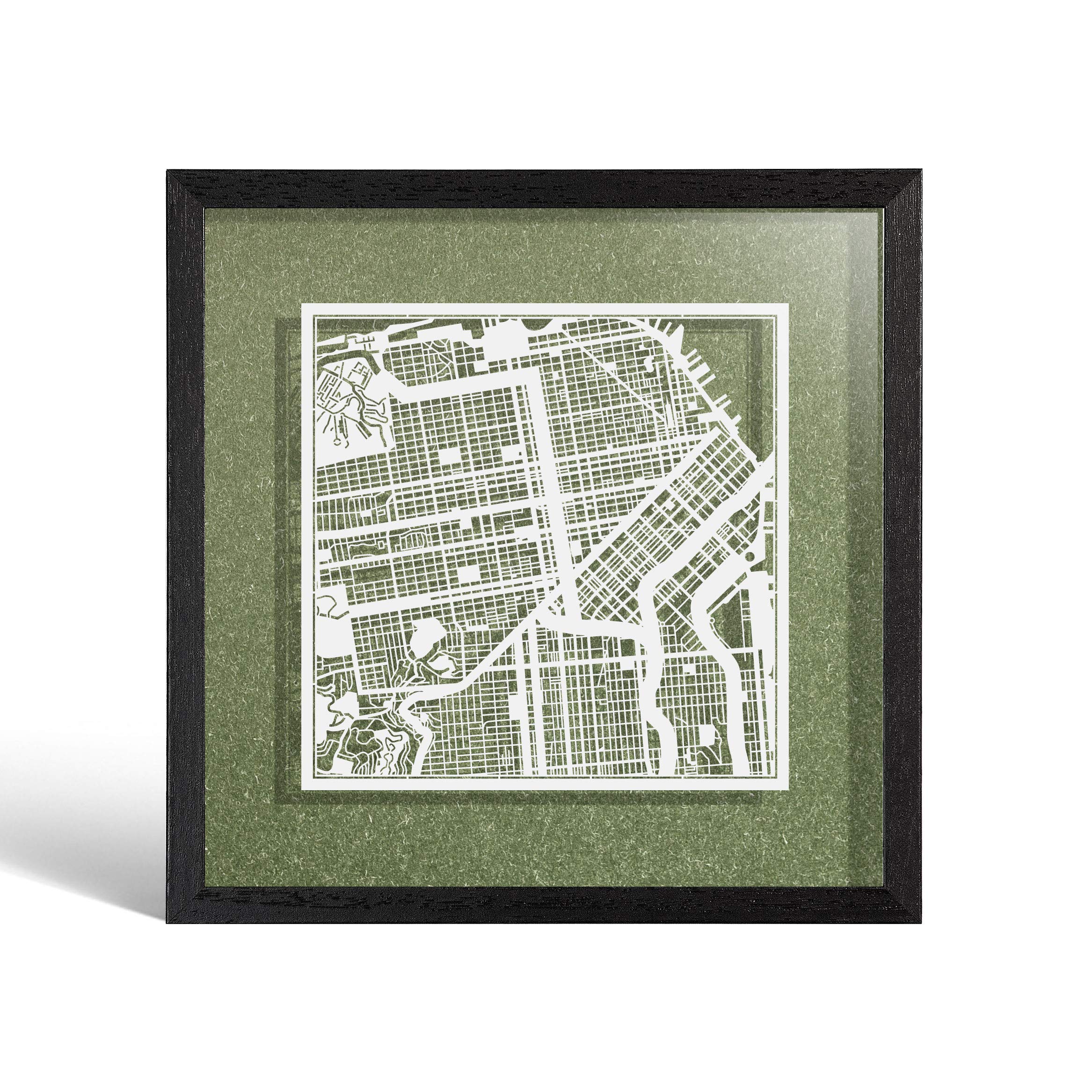 O3 Design Studio San Francisco Cut Map Framed, White map, Black Frame, 9x9 inches, Paper Cutting Art Work, Gift Boxed, 4 Background Color, self-Changing, Wall Art