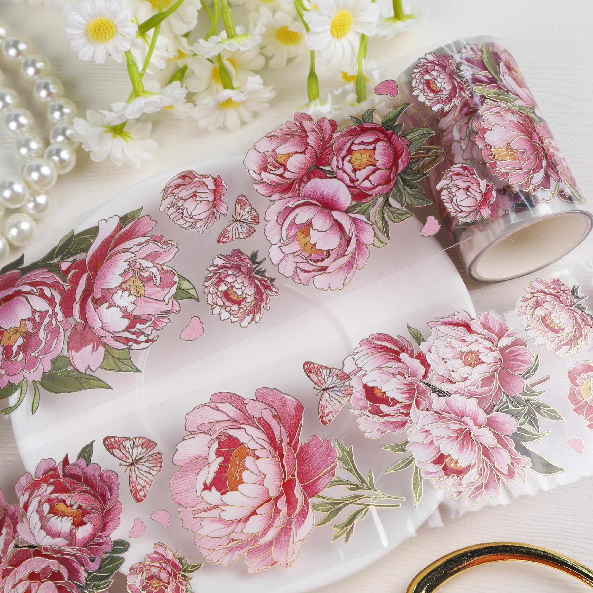 Sitsink PET Tapes - Pink Flower Scrapbook Supplies, Transparent Floral Tapes for Junk Journal Planner
