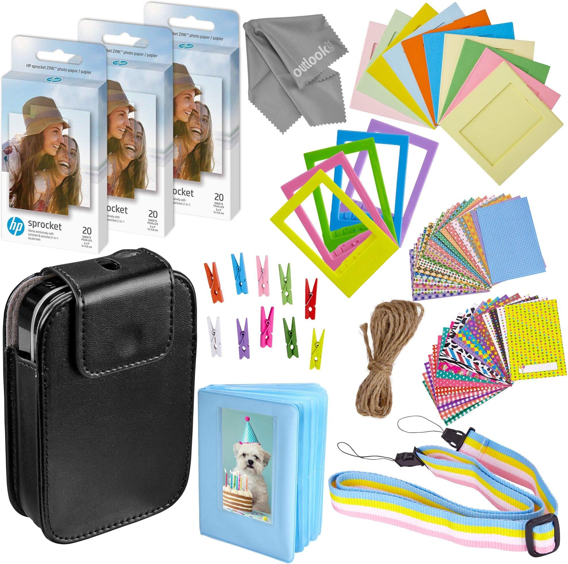 Zink Photo Paper and Frames Kit – 60 Pack - Sticker Paper for HP Sprocket 2-in-1 Portable Printer - Sticky 2x3 Sheets for Printing Pocket Size Phone Pictures - with Photo Album, Case, Frames, Clips