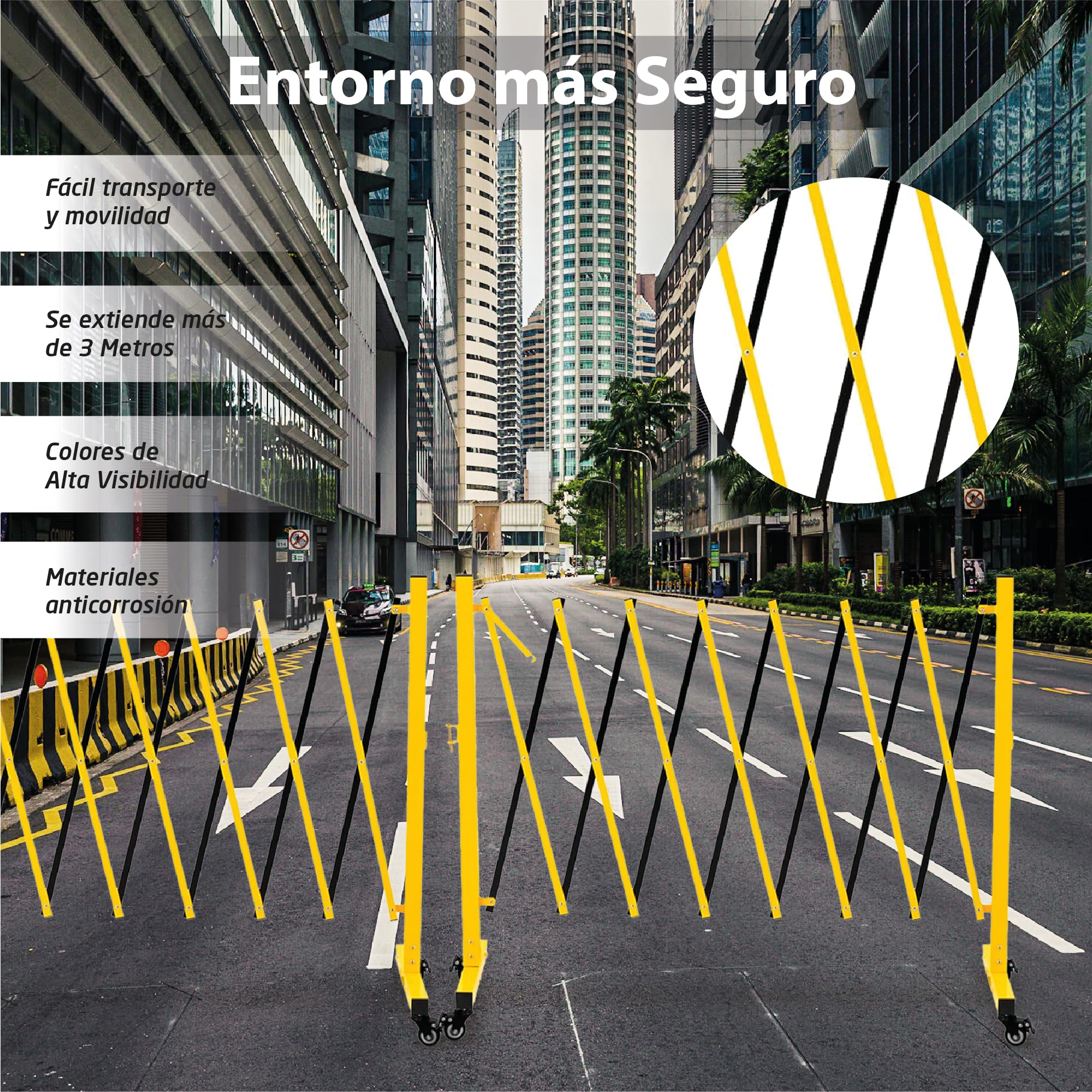 Barricada Extensible 3m con Ruedas Freno Vallas Obra Barrera Metálica Portátil Seguridad Construcción Negro/Amarillo